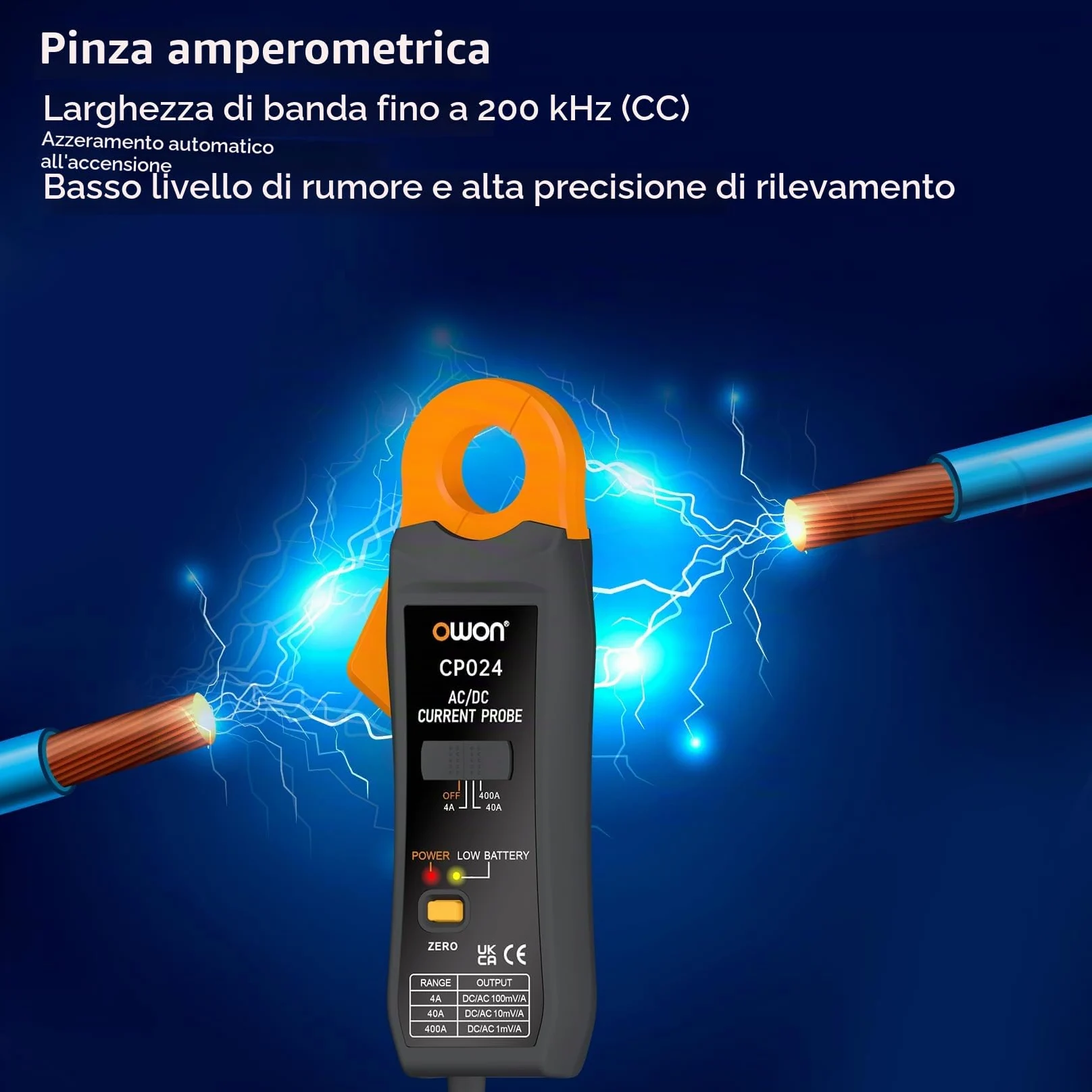OWON CP024 Sonda a pinza amperometrica AC/DC per oscilloscopio, pinza amperometrica per tester di corrente 200 KHz Larghezza di banda 1 mV/10 mA 400 A Correzione dello zero relativo con connettore BNC