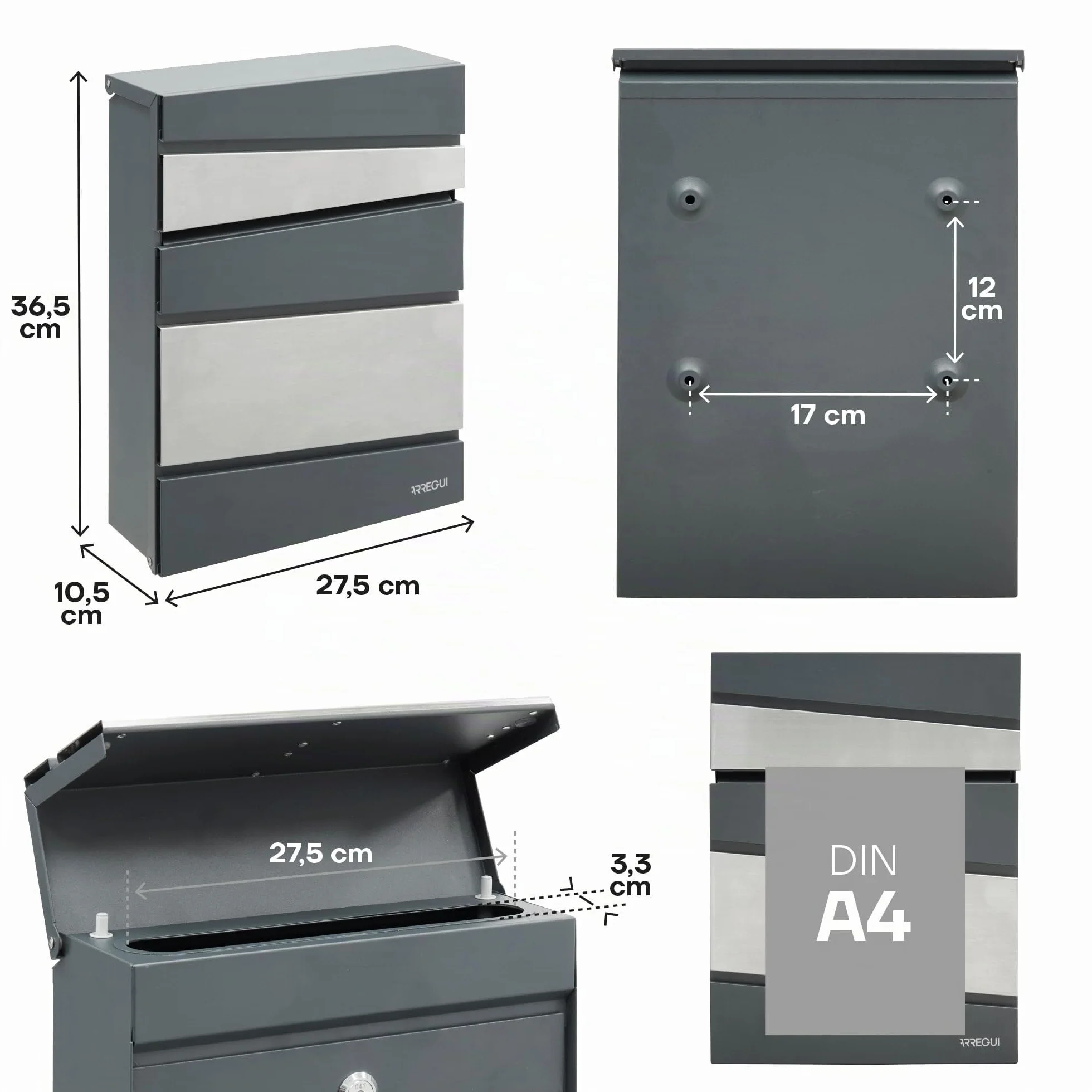 ARREGUI Flysch Cassetta Postale Acciaio Formato M DIN A4 Grigio Antracite Acciaio Inossidabile Parete Moderna