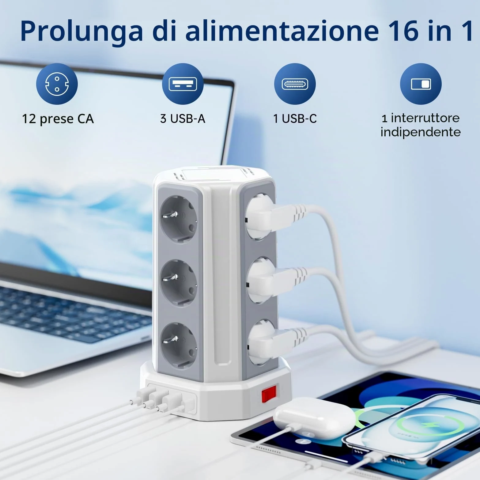 Sameriver, Ciabatta multipla con interruttore, 12 prese, con 3 USB A+1 USB C, ciabatta con cavo di prolunga da 5 m, protezione da sovratensione per casa, ufficio F (Schuko)