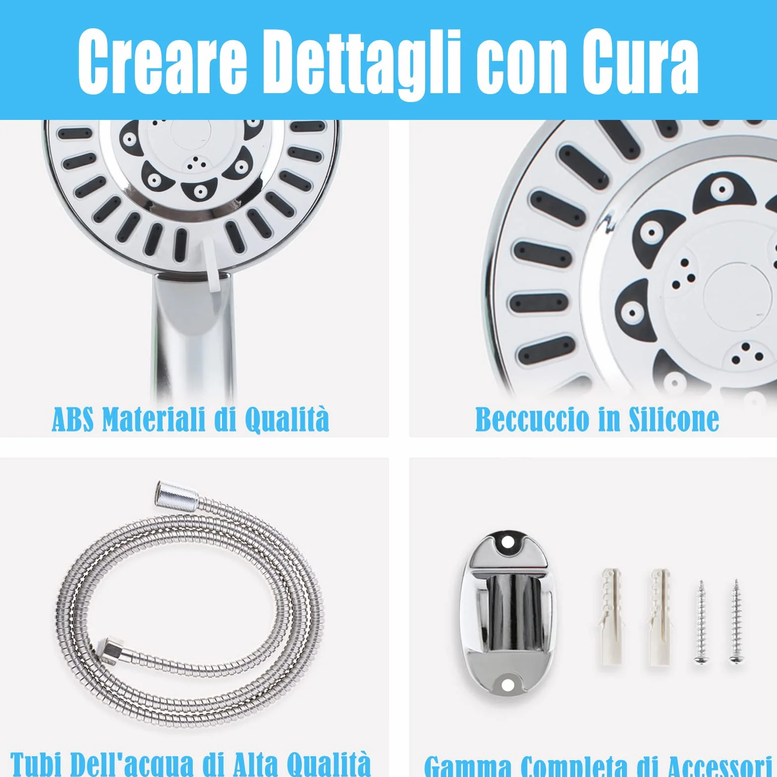 Soffione Multifunzionale+Tubo Doccia Universale 3 Modelli di Uscita,Ugello in Silicone Resistente al Calcare e Allo Sporco,Finitura Cromata,Facile da Installare e Pulire (Tre Marce-06605)