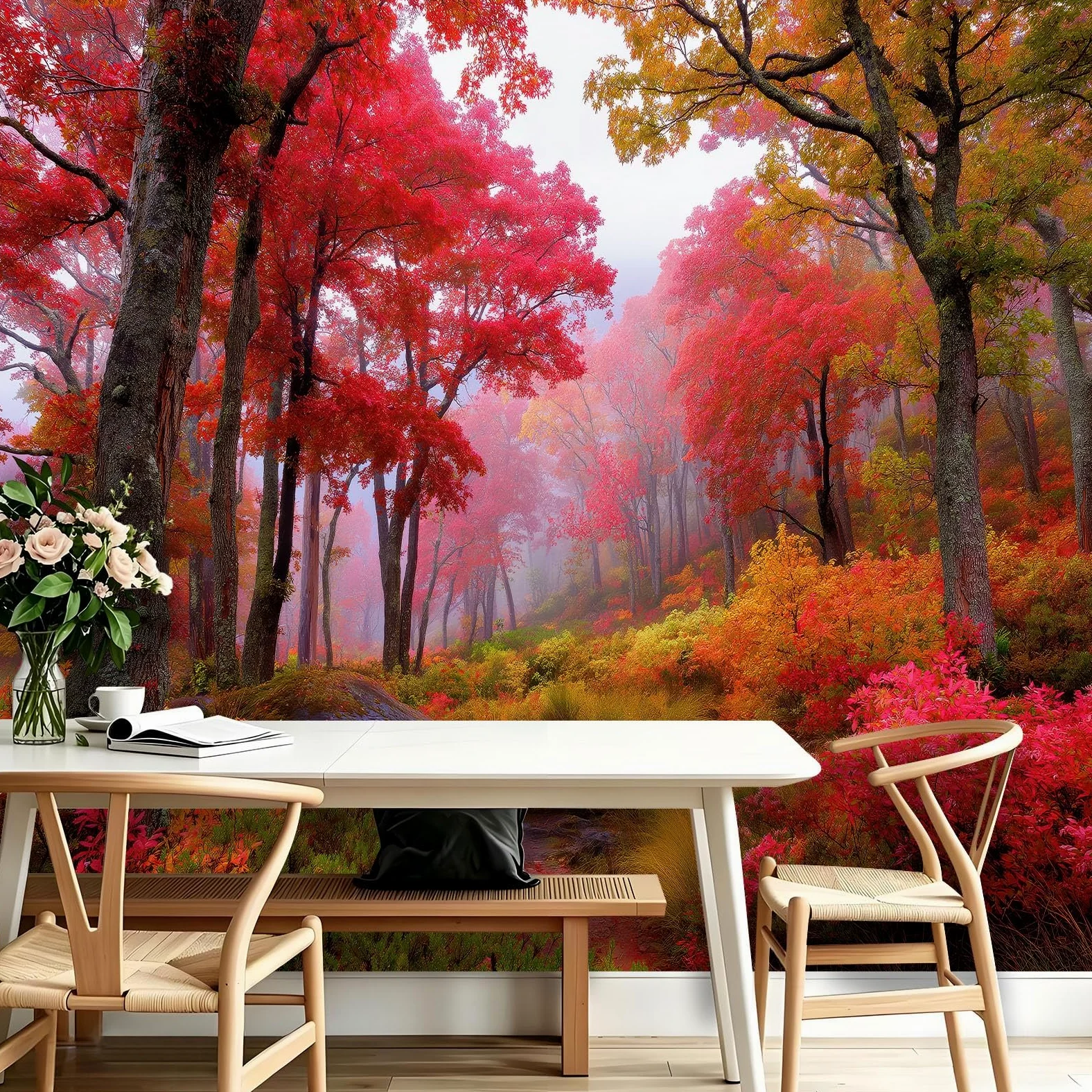 Carta da parati murale con paesaggio autunnale, motivo botanico scandinavo, 300 x 210 cm, con alberi e foglie rosse e nebbia, adesivo da parete per camera da letto, soggiorno, corridoio, divano