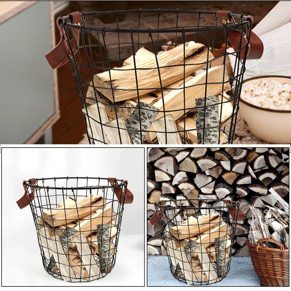 NUOBESTY Cesto Porta Legna in Ferro Robusto con Manico, Grande Cestino Rotondo per Legna da Ardere e Decorazione Rustica, Contenitore Organizer Ventilato per Interni ed Esterni, per