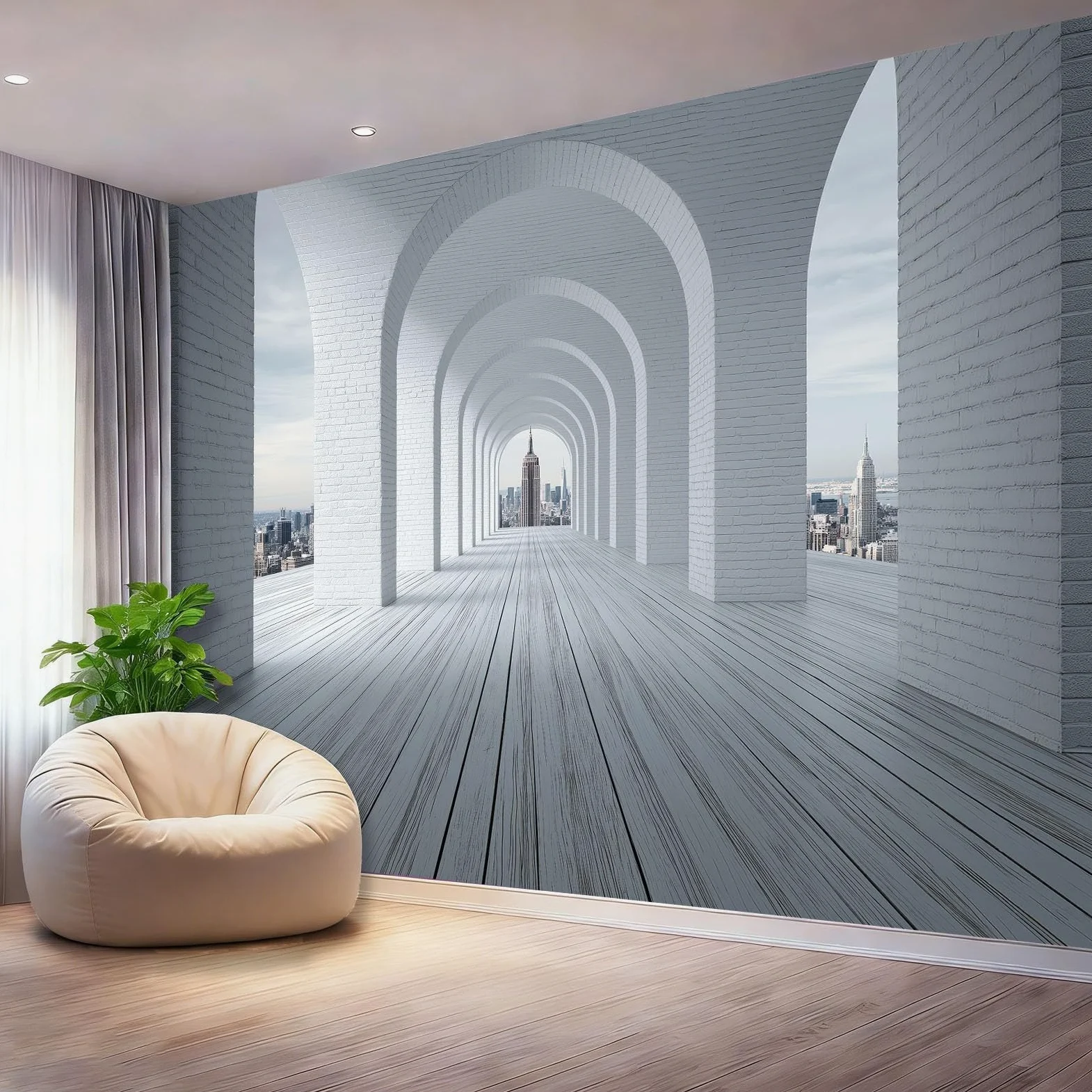Carta da parati fotografica 3D, moderna e industriale, con tunnel e arco di mattoni, grattacieli, decorazione da parete, 300 x 210 cm, in tessuto non tessuto, misura XL, per soggiorno, camera da letto