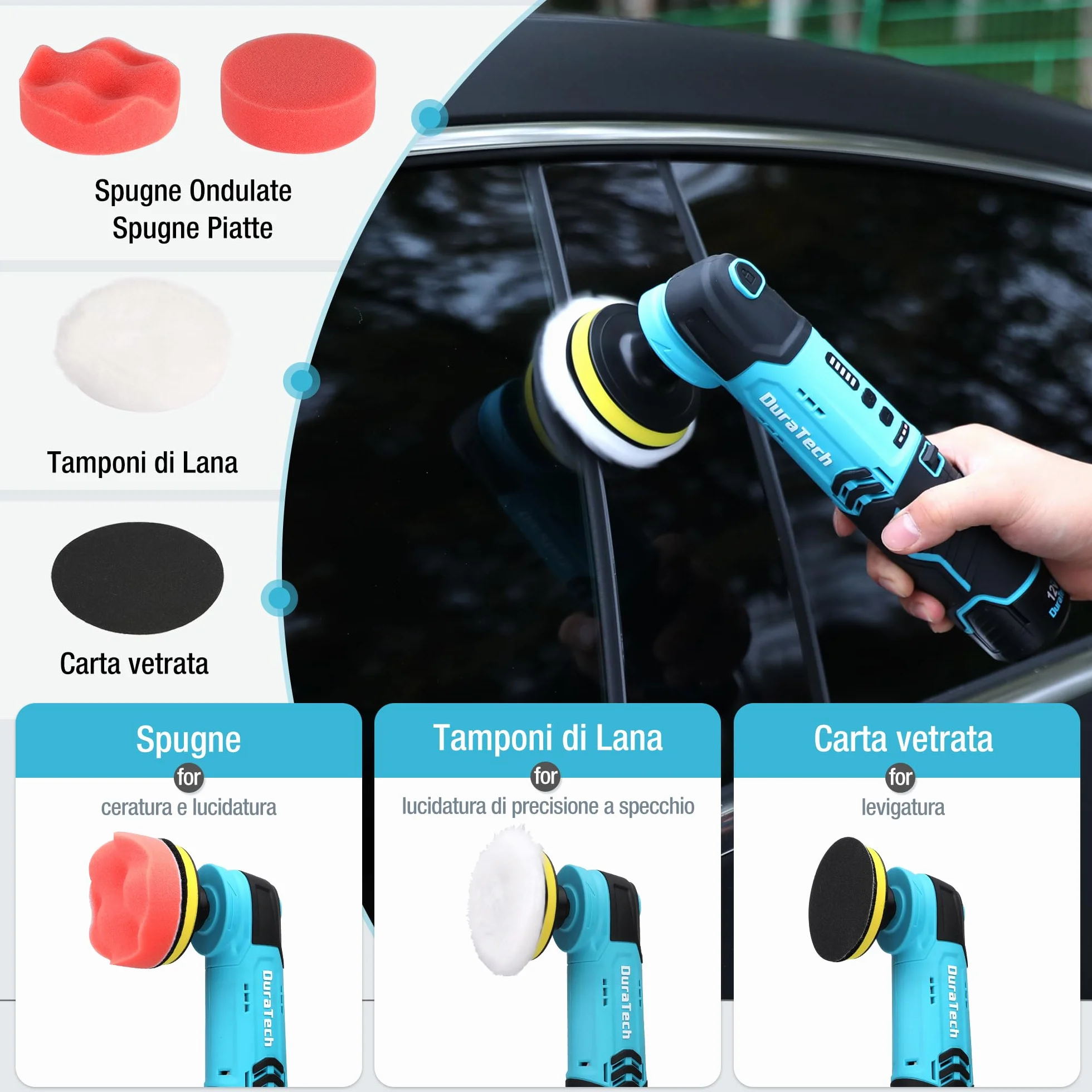 DURATECH Lucidatrice Elettrica 12V 3000 giri/min 5 Velocità Regolabili con Spugne Panni Disco
