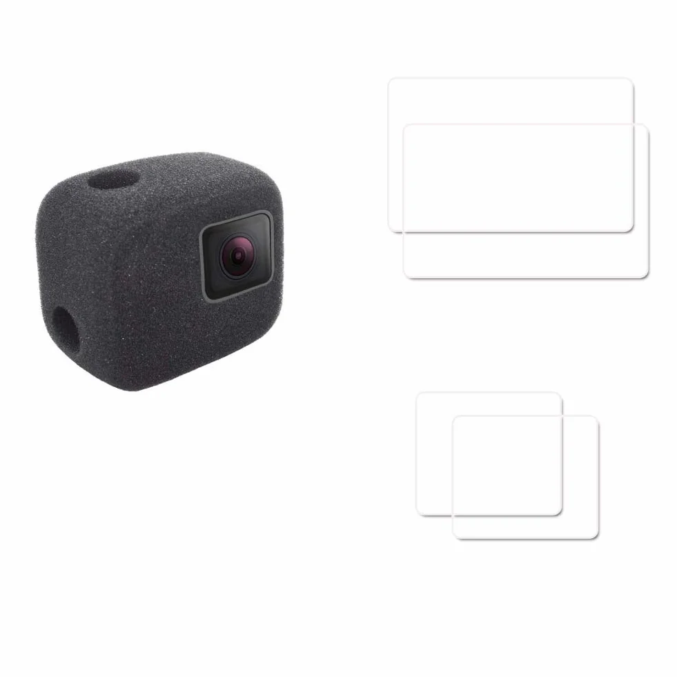 Komet WindSlayer - Custodia antivento in schiuma per parabrezza + pellicola protettiva in vetro (2 + 2 pezzi) compatibile con Hero 7, 6, 5 impermeabile fotocamera