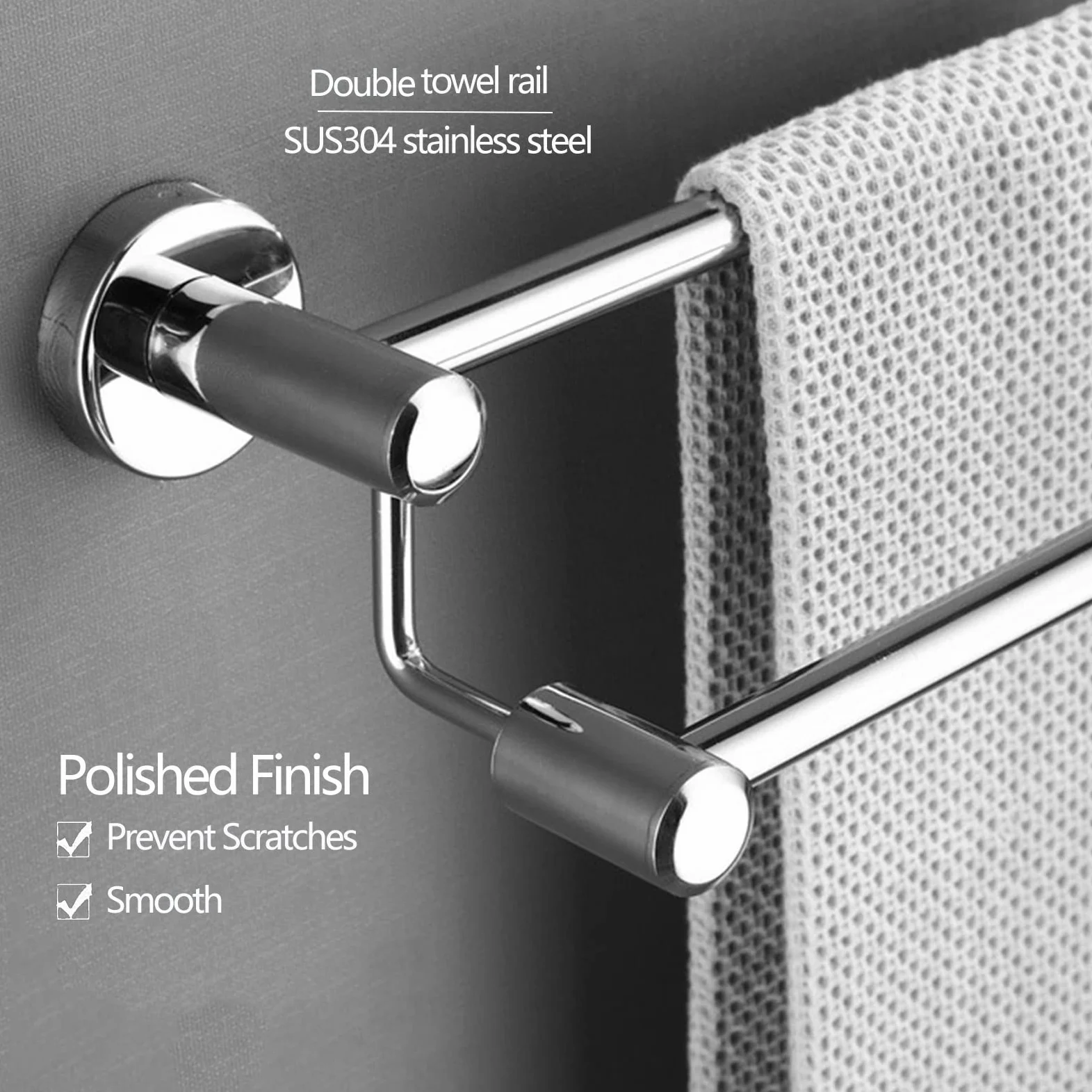 Portasciugamani doppio in acciaio inox, montaggio a parete, per bagno e cucina, 120 cm, argento