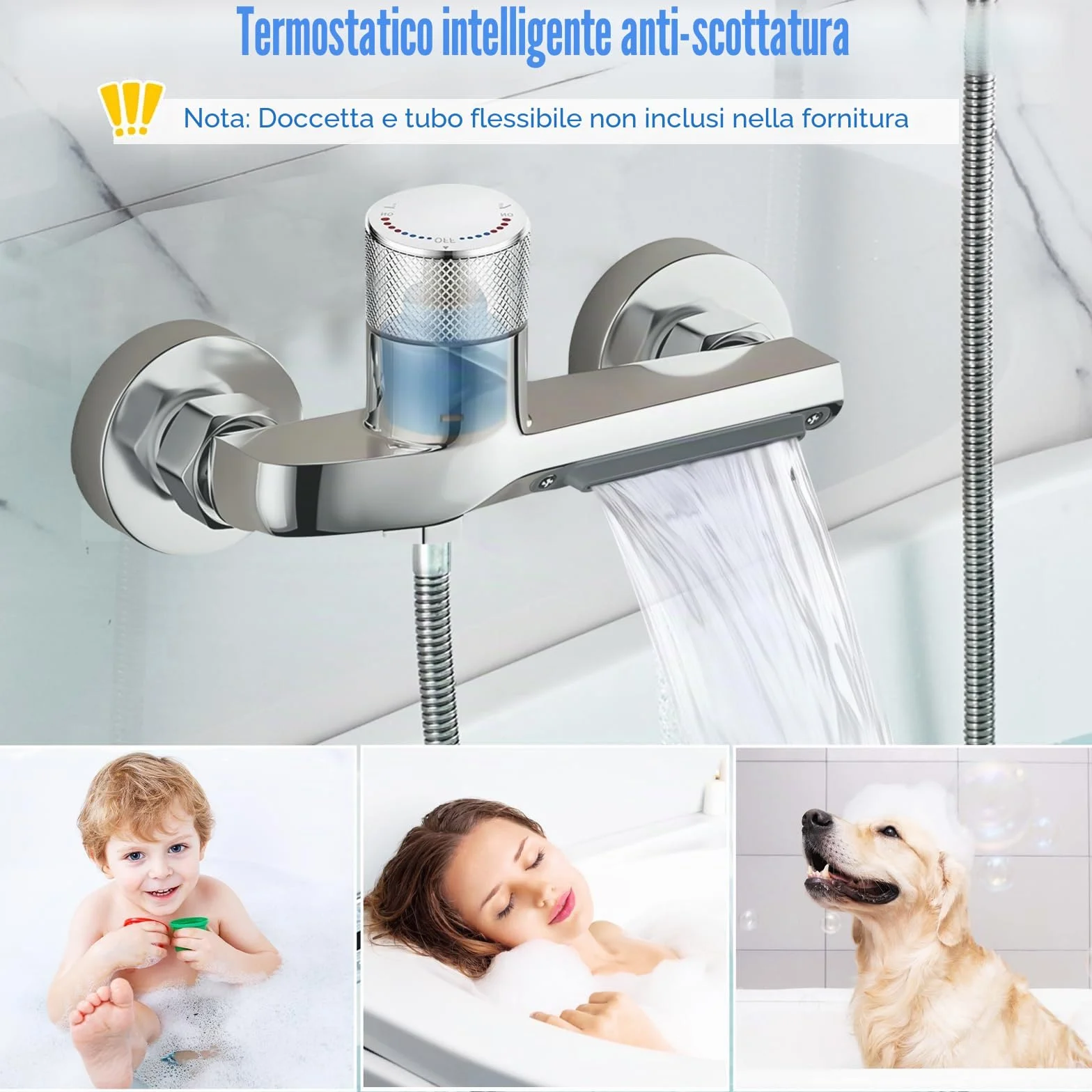 Rubinetto Vasca Doccia Termostatico a Parete, Bocca a Cascata, Corpo in Ottone Cromato, G1/2