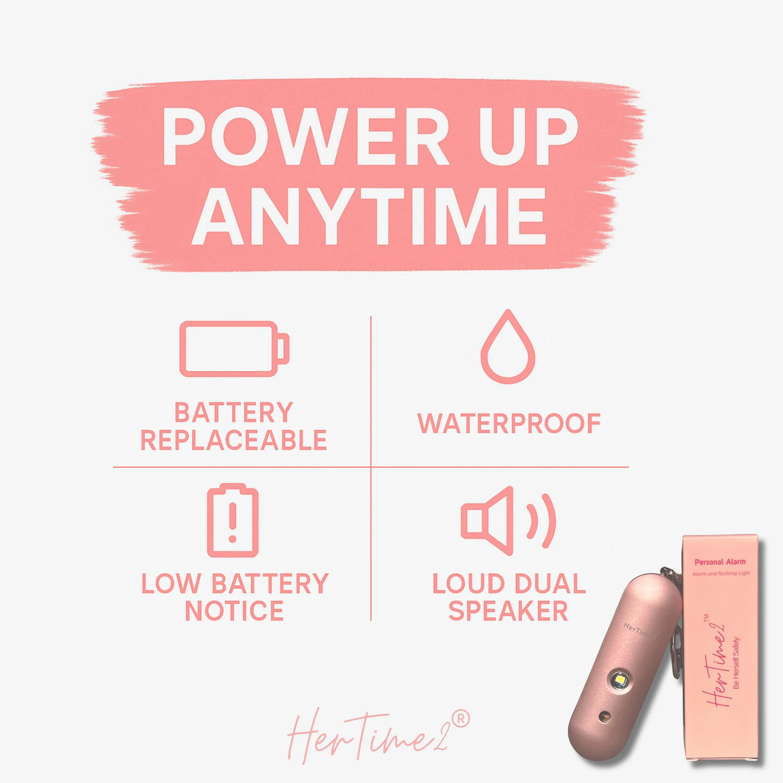 HerTime2 Allarme di sicurezza personale da donna, sirena di autodifesa, portachiavi impermeabile con luce stroboscopica, alimentato a batteria, oro rosa