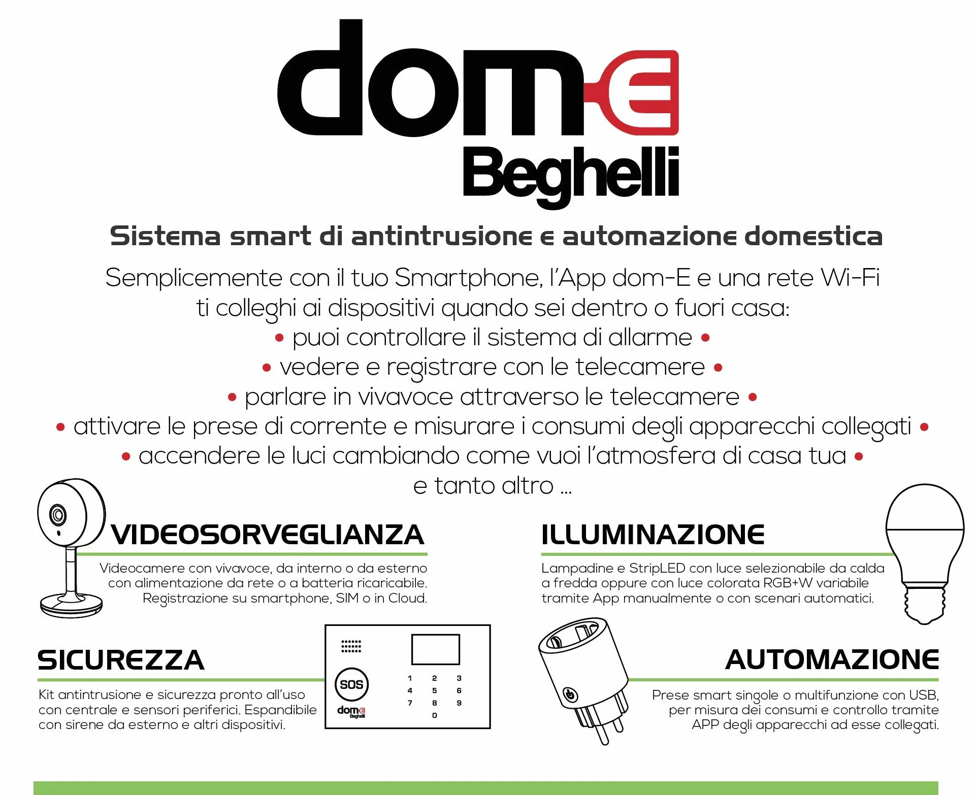 Beghelli - Telecamera Wifi Esterno FullHD, Batteria Ricaricabile, Videocamera Sorveglianza con Sensore Movimento, Visione Notturna, Ottica Grandangolo 130°, Dom-e, Compatibile con Alexa e Google Home