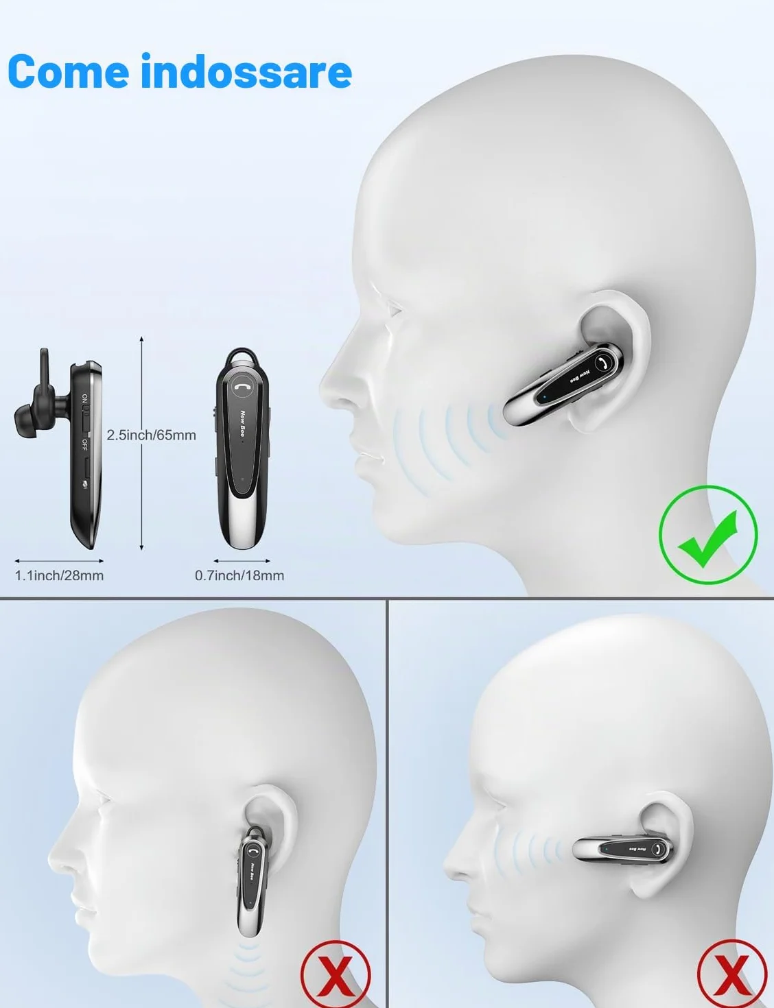 New Bee Auricolare Bluetooth Singolo con Doppio Microfono V5.0 Auricolari Bluetooth con 20 Ore Di conversazione, Microfono Muto, Connessione a due Dispositivi per iPhone, Android e Laptop