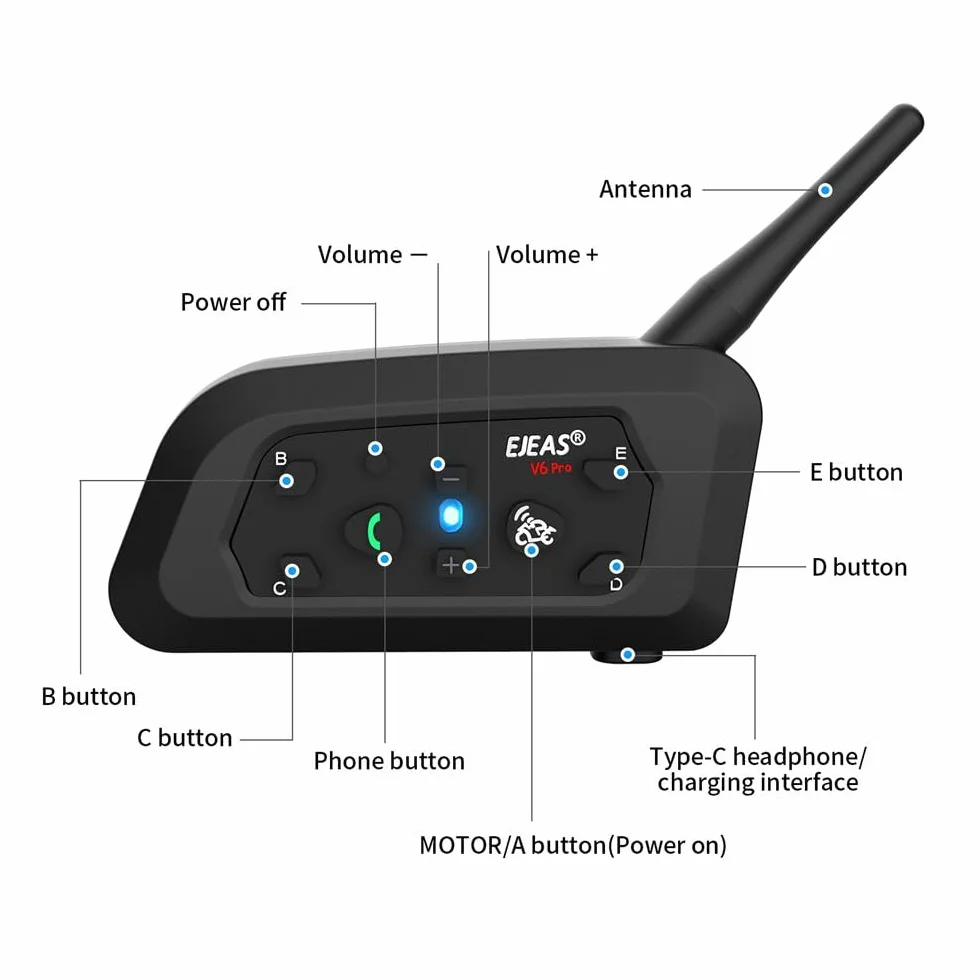 EJEAS V6 Pro 1200M BT citofono del motociclo di Bluetooth citofono del casco della motocicletta Headset con controllo del rumore avanzata per un massimo di 6 piloti sci e l'equitazione (2 Pezzo)