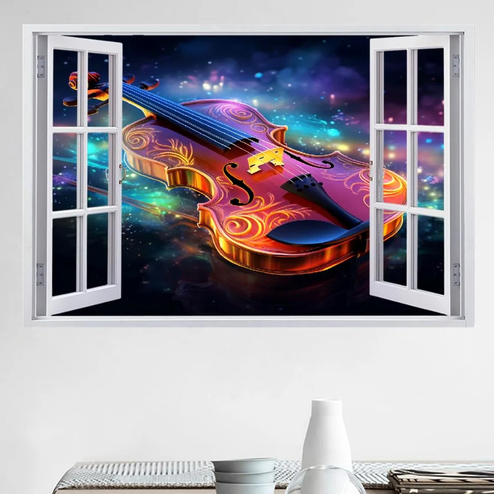 Decalcomanie da muro Art 3D Fracassato Chitarra Adesivi murali removibili Arte Astratta Carta da parati Camera da letto autoadesivo per ragazze Camera da letto Nursery Home Decor Gift
