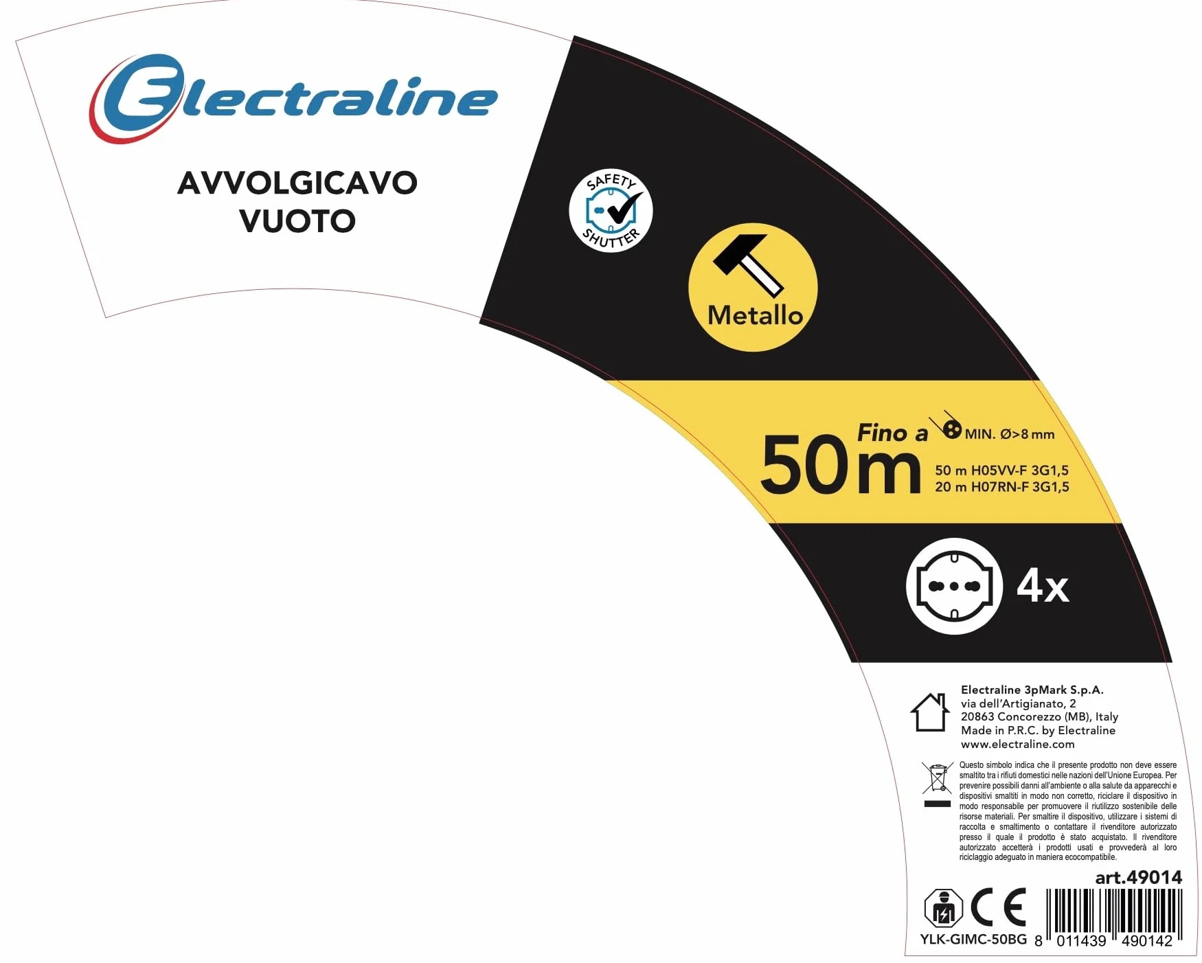 Electraline 49014 Avvolgicavo, Avvolgi-Prolunghe senza cavo in metallo antiruggine con 4 prese 10/16A italiane + Schuko, diametro 290mm per uso professionale
