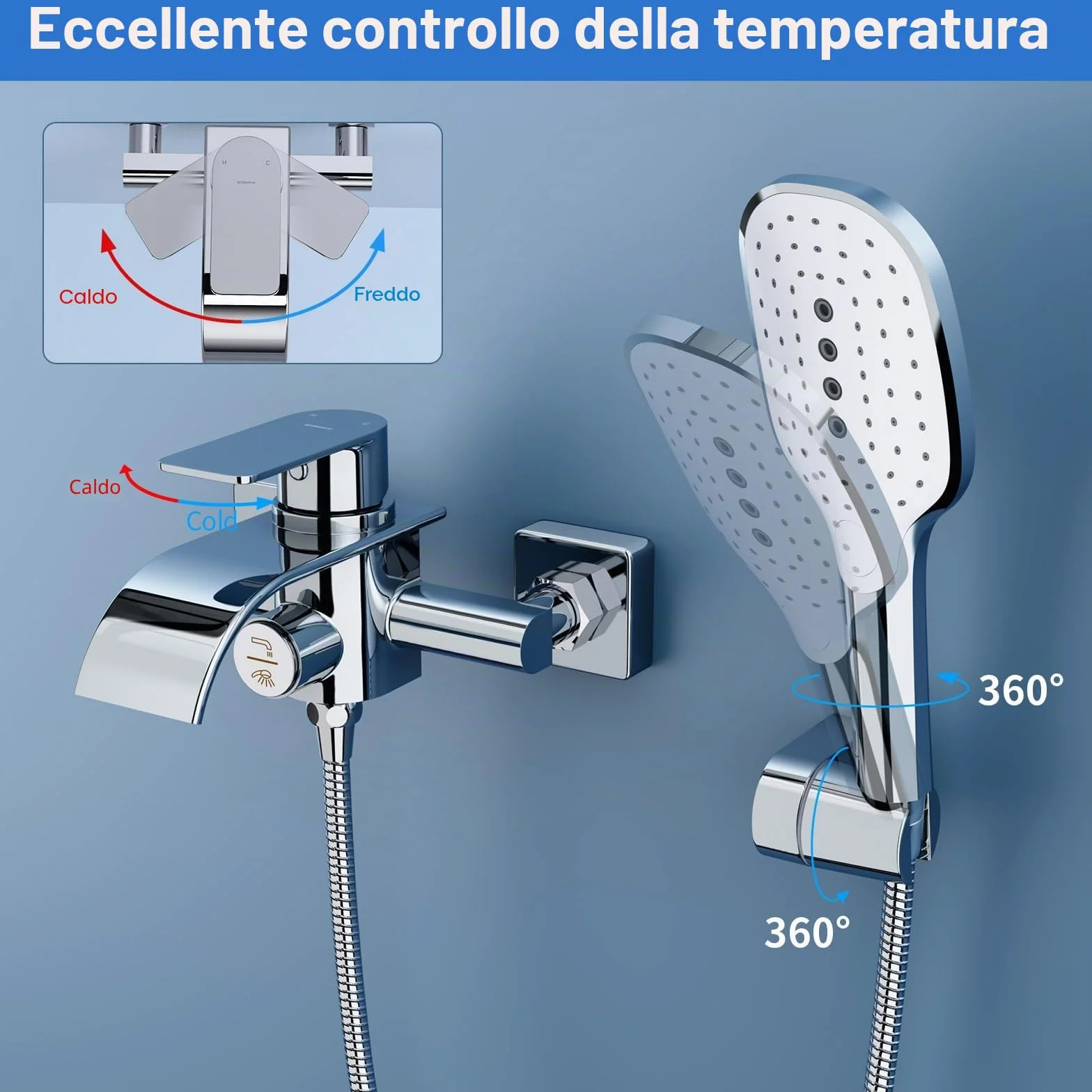 rubinetto vasca doccetta mano cascata miscelatore ottone 3 funzioni interruttore pressione