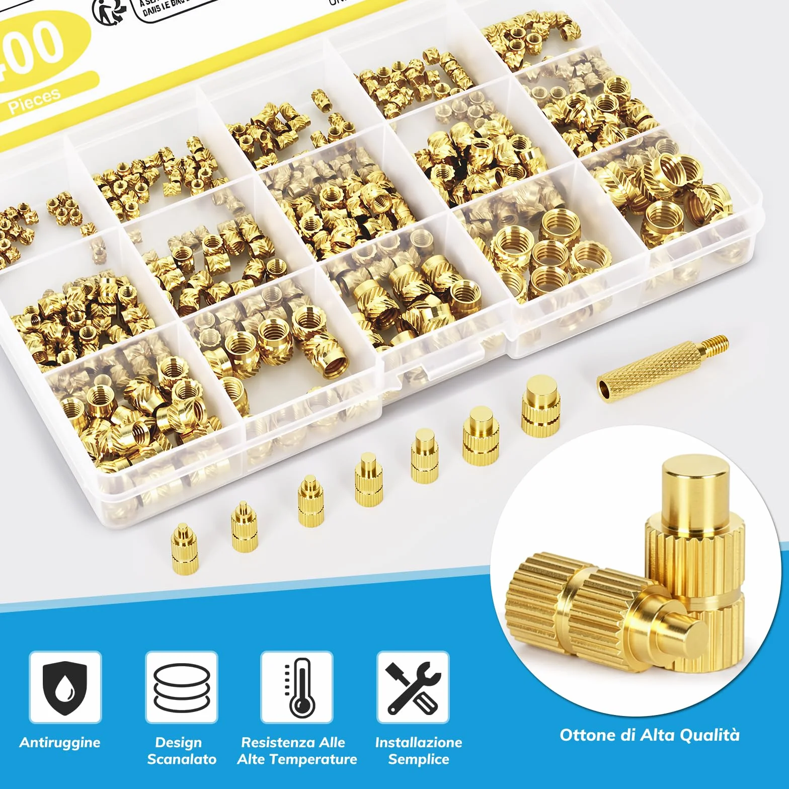 Inserti Filettati 400 pz con Saldatore 80W, Temperatura Regolabile 180–500°C, 7 Punte, M2/M2.5/M3/M4/M5/M6/M8 per Stampa 3D e Plastica