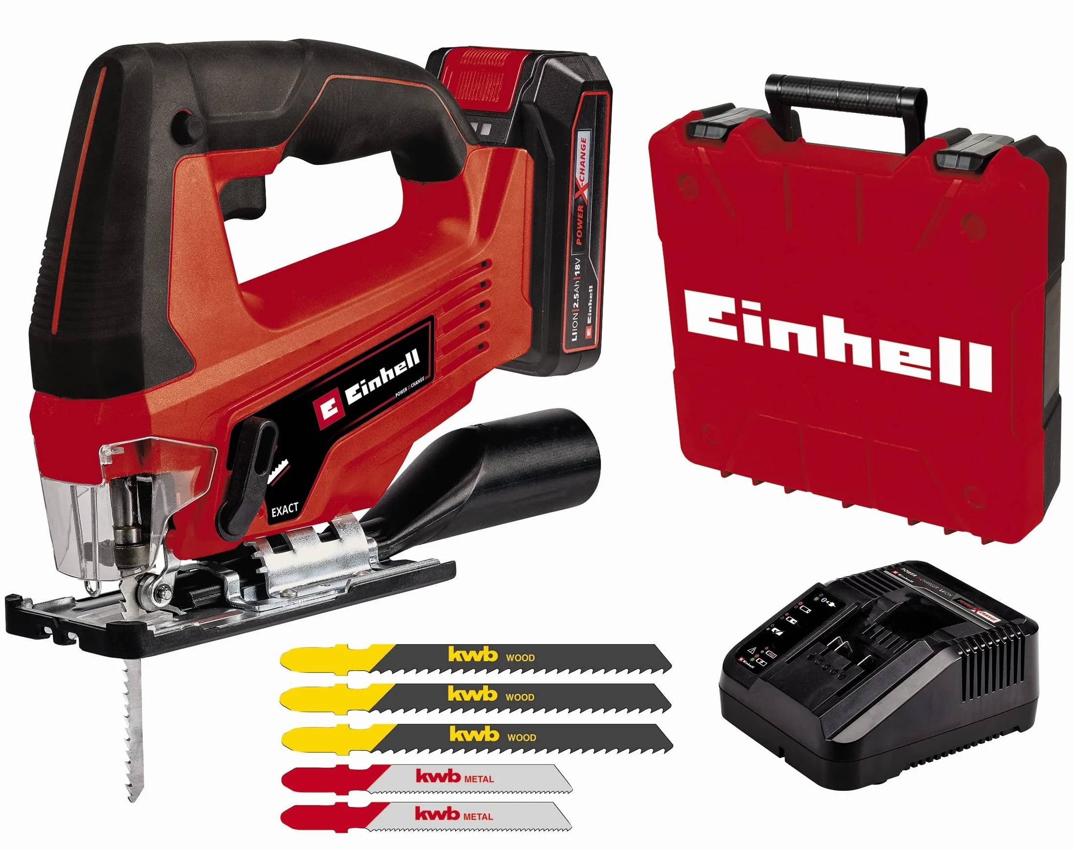 Einhell Seghetto alternativo a batteria TC-JS 18 Li (1x2,5 Ah) Power X-Change (ioni di litio, 18 V, movimento pendolare, attacco di aspirazione, batteria 1x 2,5 Ah, caricabatteria e valigetta)