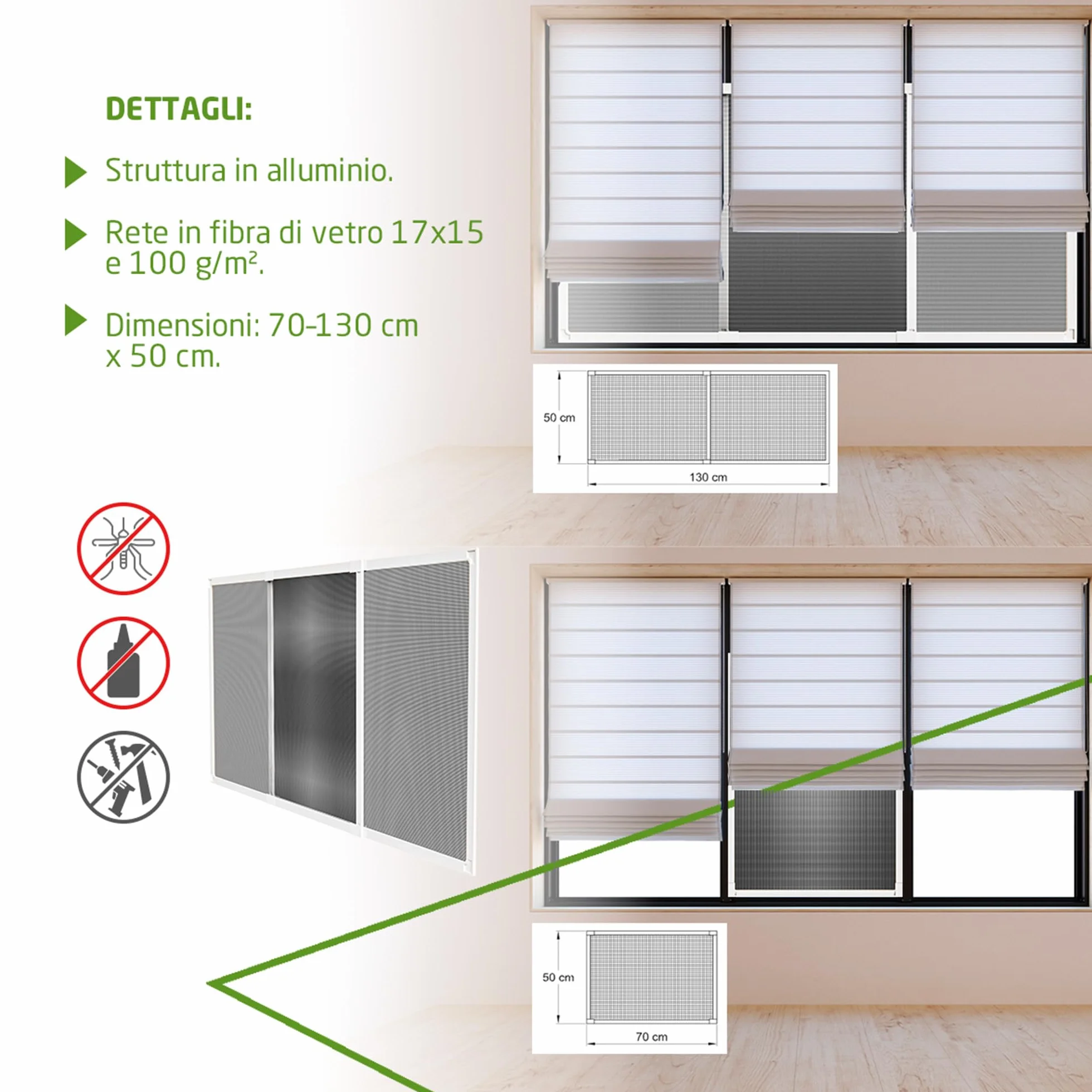 Zanzariera Estensibile 70x50 cm Amig Alluminio Bianco Rete Fibra di Vetro Grigia