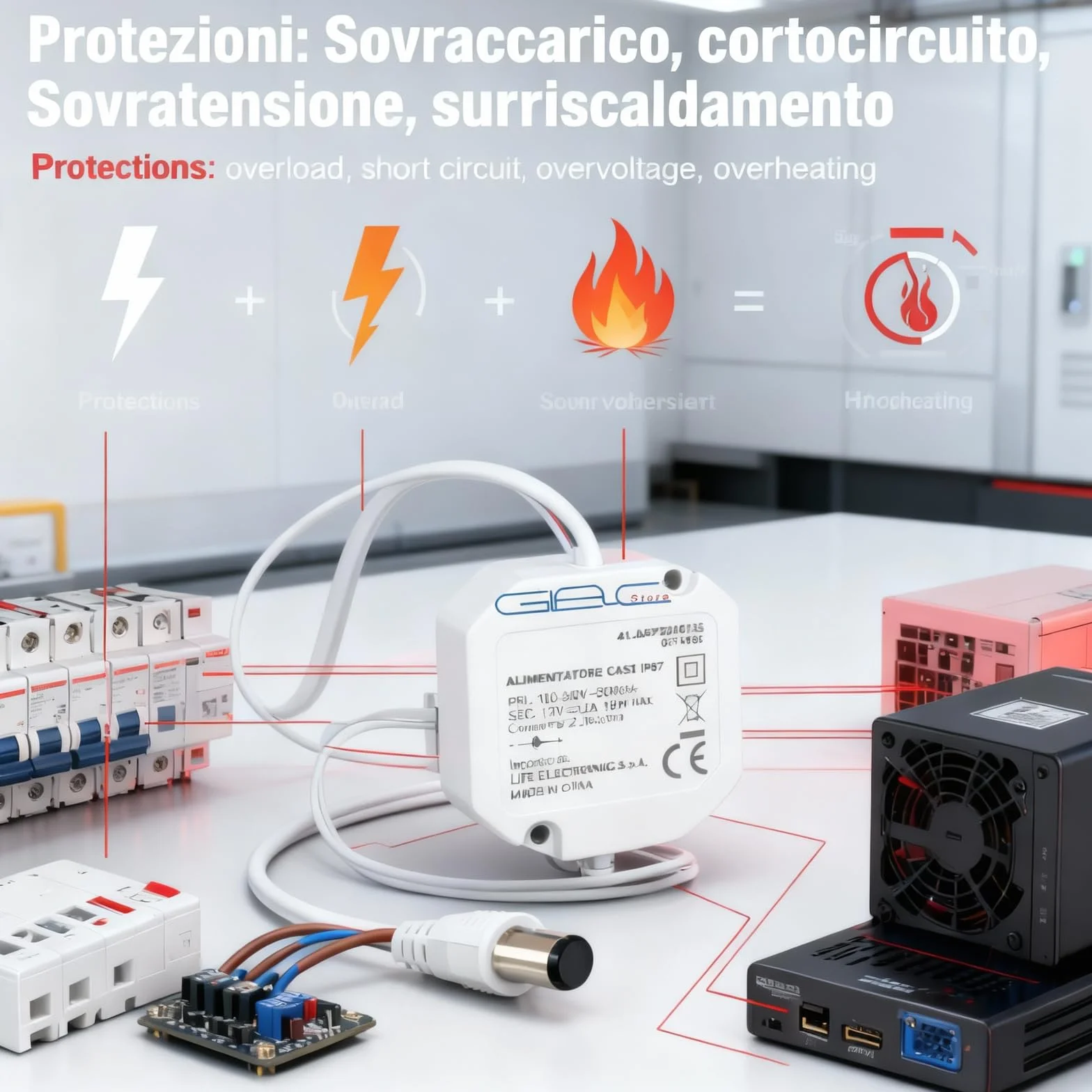 Alimentatore IP67 Impermeabile, Tensione Costante 12V DC, 100-240V AC, Dimensioni 50x50x25mm, Protezione Sovraccarico, Certificato CE (2A-24W)