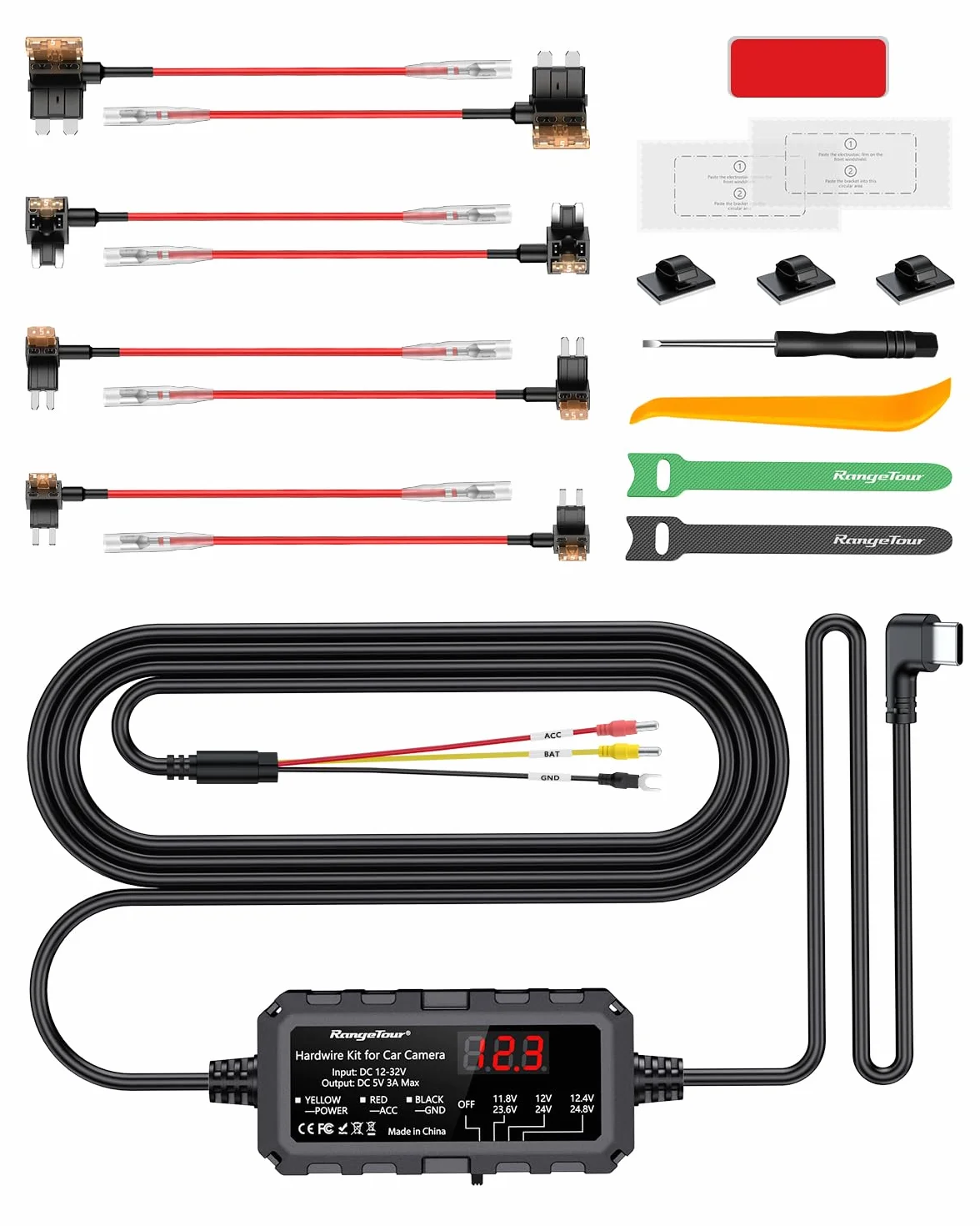 Kit Cablaggio USB-C con Schermo LED, 12V-32V a 5V 3A Auto Cavo di Ricarica Kit 4m 3-Core con Protezione Regolabile a Bassa Tensione, Dash Cam Hardwire Kit Monitoraggio Parcheggio 24 Ore