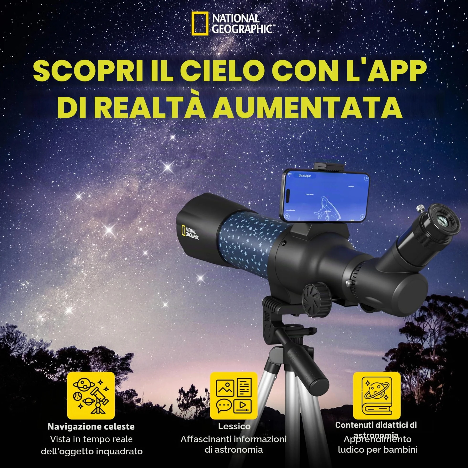 National Geographic smartes AR - Telescopio per bambini con treppiede, zaino, supporto per smartphone e app di realtà aumentata