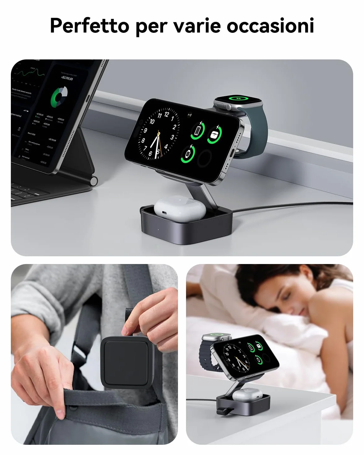 Stazione di ricarica 3 in 1 per Apple, caricabatterie da viaggio magnetico pieghevole veloce compatibile con Mag-Safe per iPhone 17e/17/16/15/14/13/12/Air, Apple Watch & AirPods Pro/4/3/2