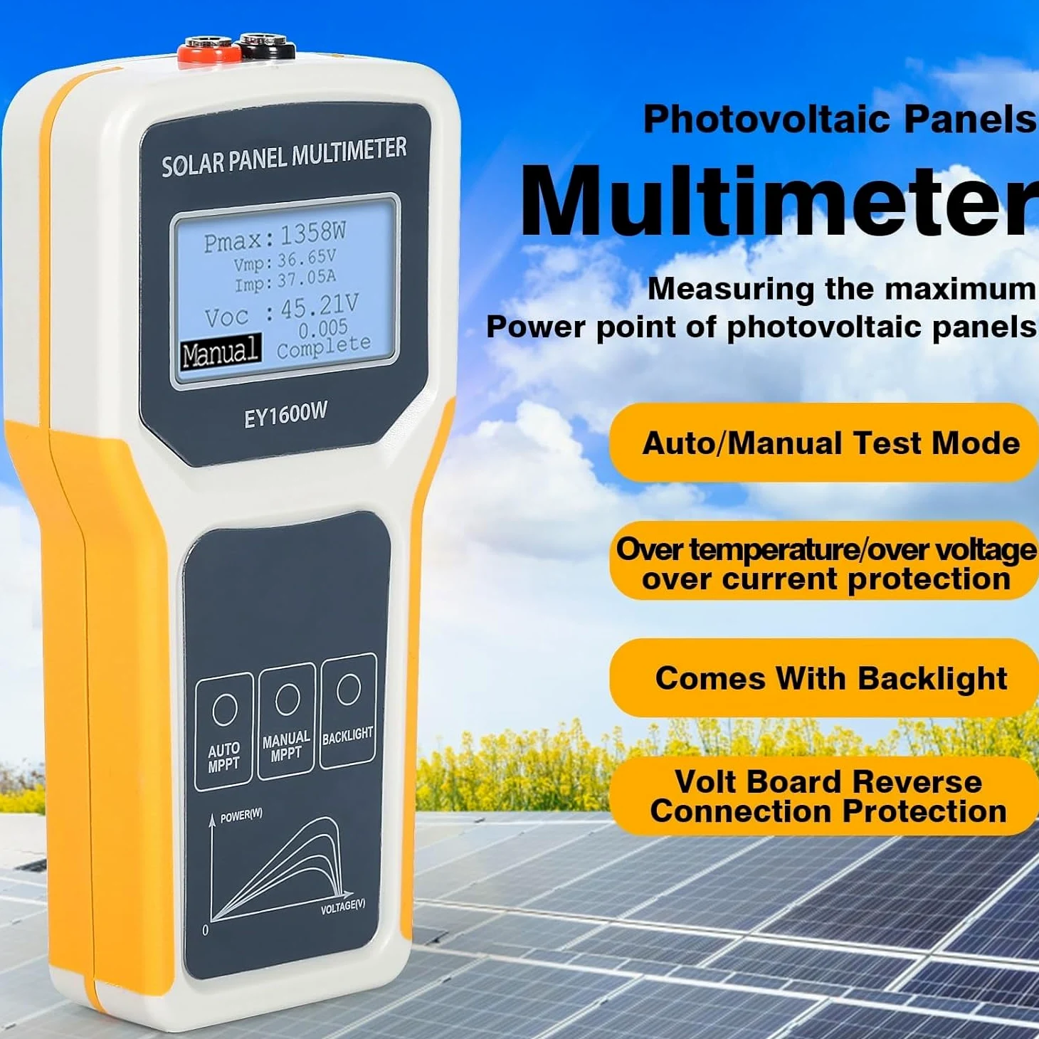 TsoLay Tester per Pannelli solari, multimetro per Pannelli fotovoltaici da 1600 W con Display LCD Ultra Chiaro, rilevamento Automatico MPPT, per guasto di Tensione a Circuito Aperto