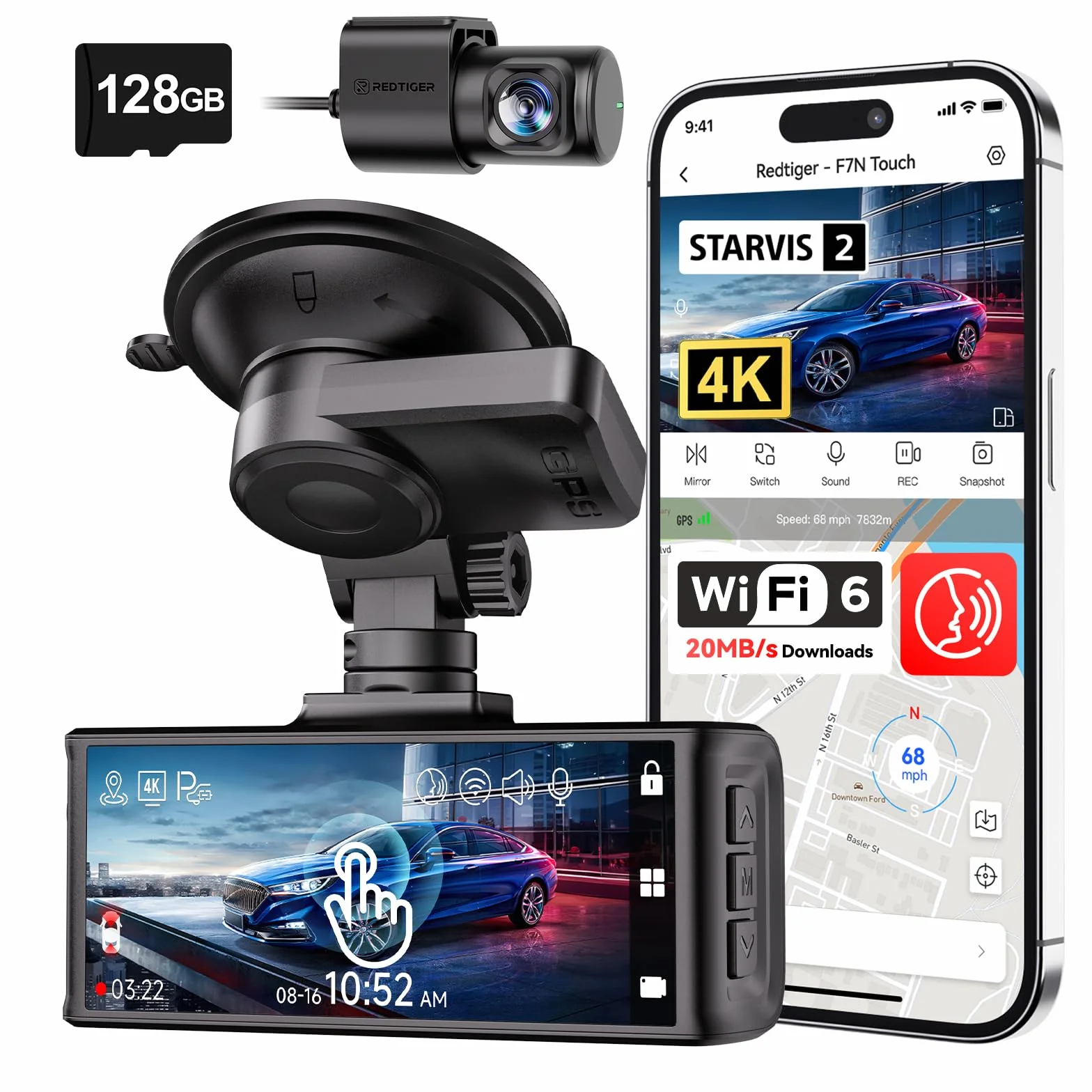 REDTIGER 4K STARVIS 2 Dash Cam Auto,Touchscreen da 3,18 Pollici,Scheda di Memoria da 128GB,GPS,5.8GHz WiFi 6,Controllo Vocale,Visione Notturna UHD,Blocco di Emergenza,Monitor di Parcheggio (F7N Touch)