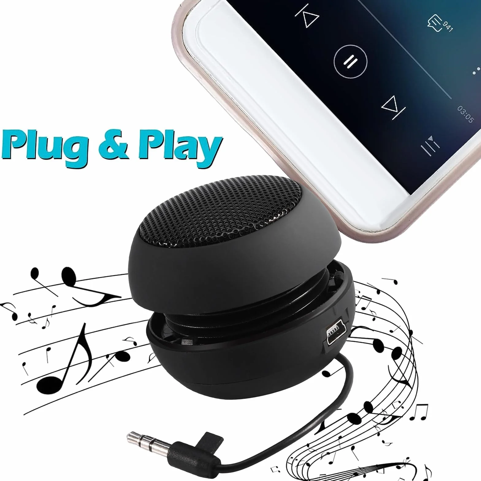 Mini altoparlante da viaggio retrattile da 3,5 mm, con cavo USB per MP3, telefoni cellulari, PC, ecc. (nero)