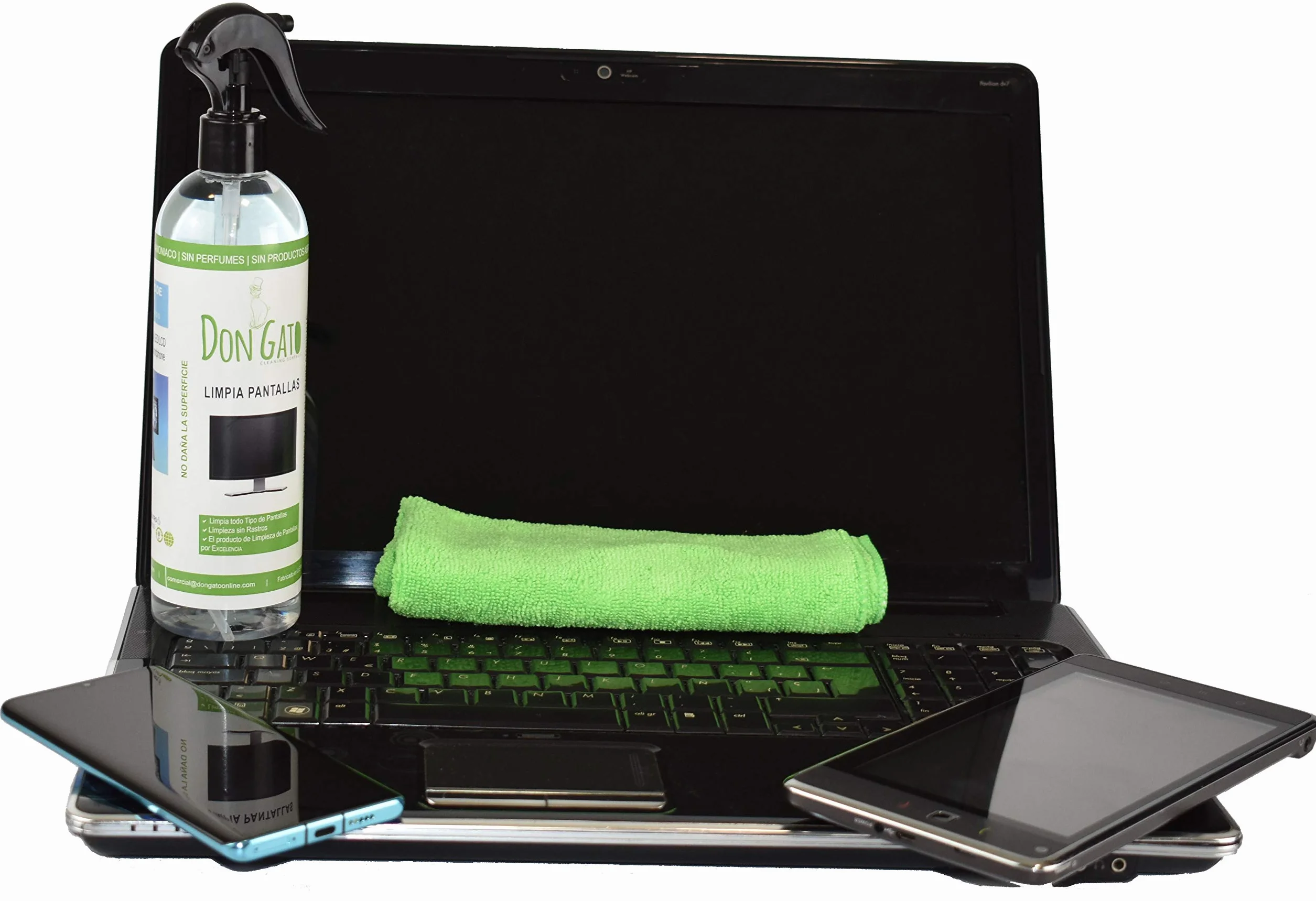 Don Gato – Kit per la pulizia dello schermo + 2 panni in microfibra (500 ml) per TV, Tablet, PC/portatile, LCD, LED, cellulare, fabbricato con prodotti naturali, senza alcool.