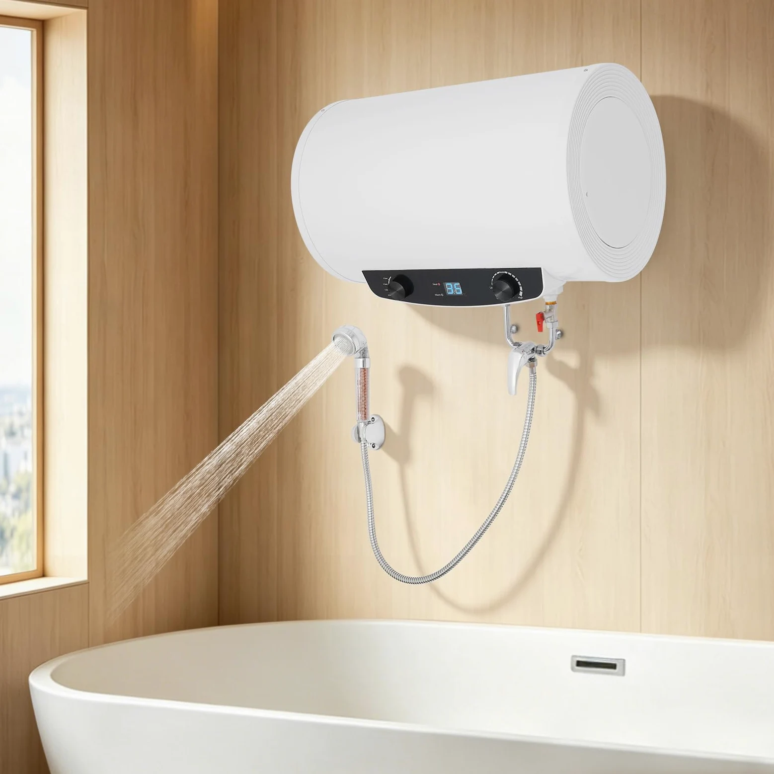Scaldabagno da 50 l, montaggio a parete, 2000 W, 3 livelli, con set doccia IPX4 | Scaldabagno elettrico 35-75 °C, 3 livelli di calore, IPX4, silenzioso, 30 dB, ideale per bagno, cucina, parrucchiere