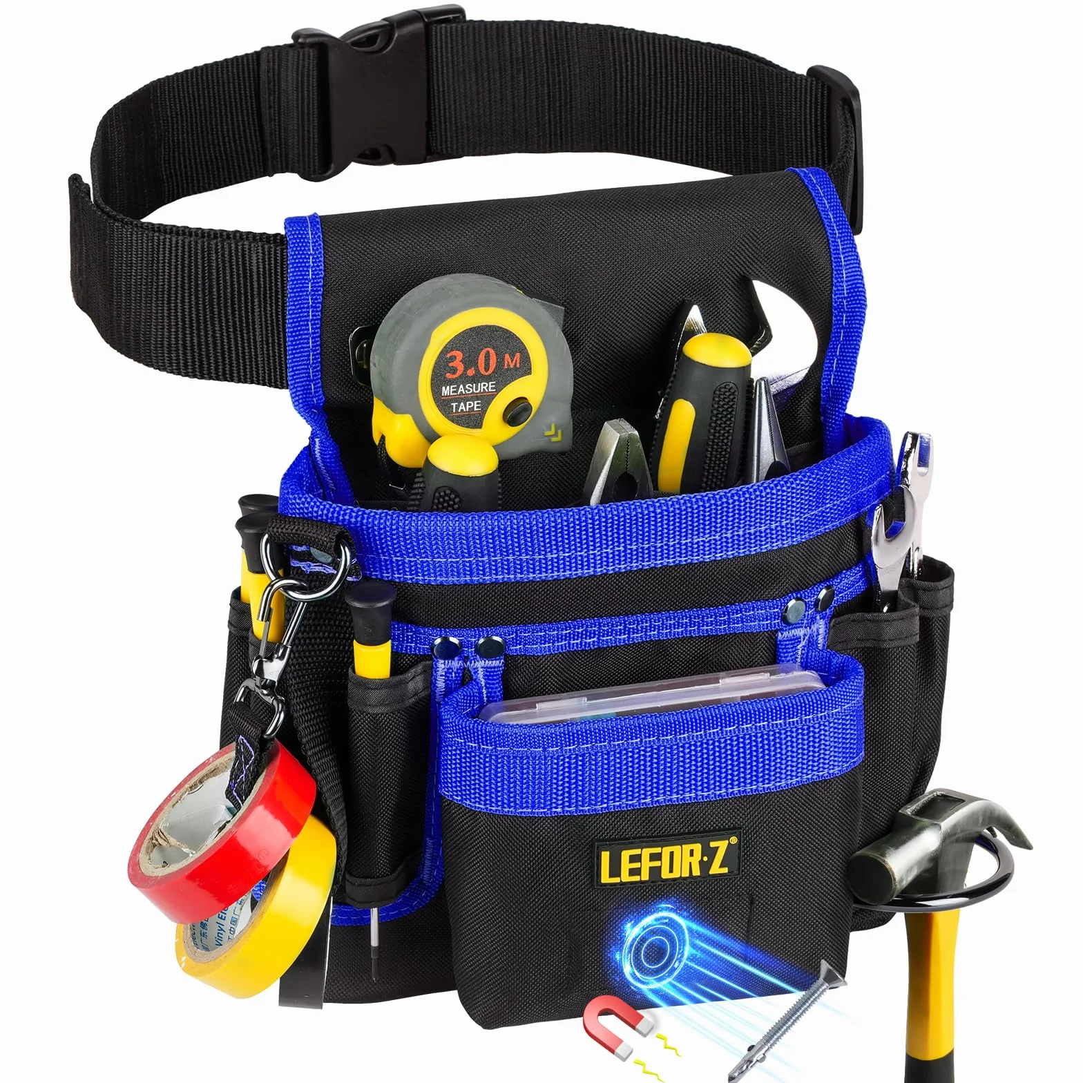 Cintura Porta Attrezzi Magnetica 14 Tasche Regolabile Staccabile Elettricista Falegname Edilizia Nero-Blu