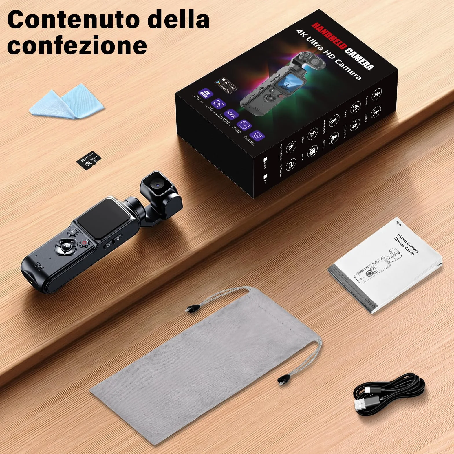 Vlog Camera, Action Cam 4K Stabilizzata con Gimbal – Touchscreen 64MP con Scheda 64GB, Stabilizzazione a 2 Assi, Tracciamento di Oggetti, Microfono Incluso, Fotocamera Digitale per Vlog