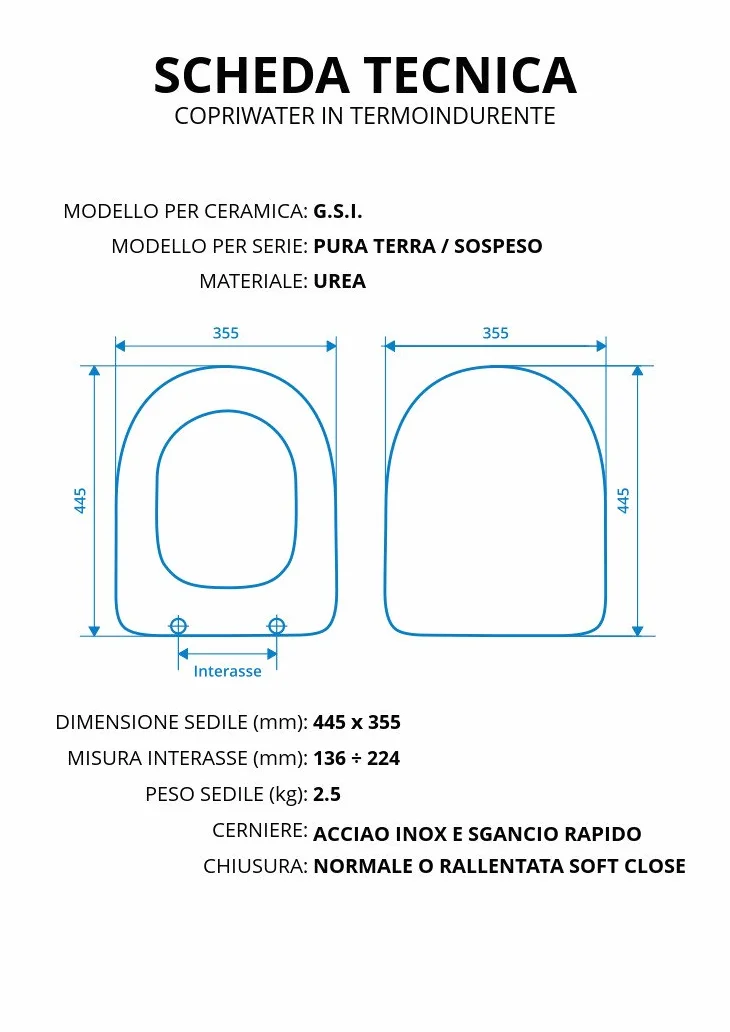 Copriwater per G.S.I. PURA TERRA/SOSPESO TERMOINDURENTE BIANCO cerniera inox normale o rallentata soft close