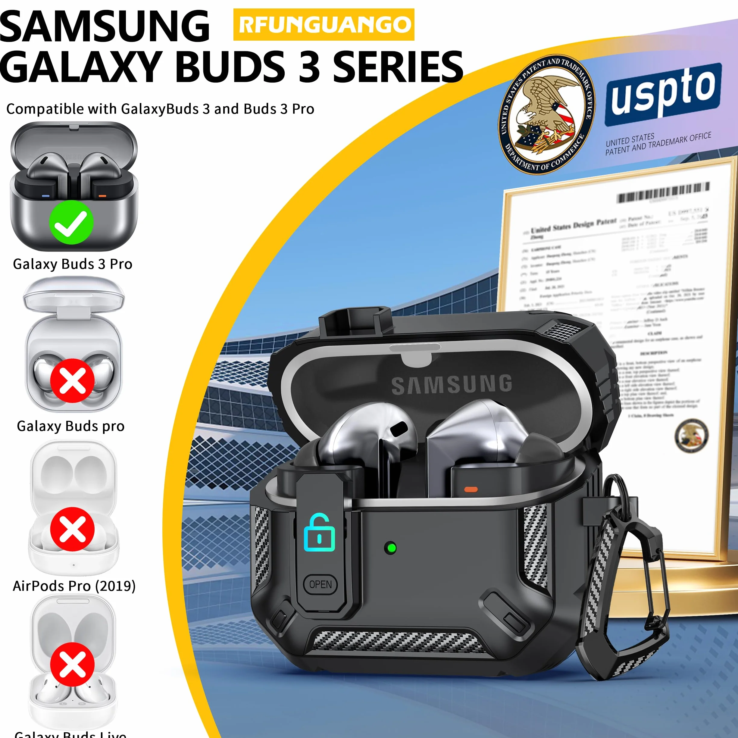 per Samsung Galaxy Buds3/Galaxy Buds3 Pro (2024) con chiusura di bloccaggio, custodia per cuffie anticaduta di livello militare con fibbia da trekking e kit di pulizia-Nero