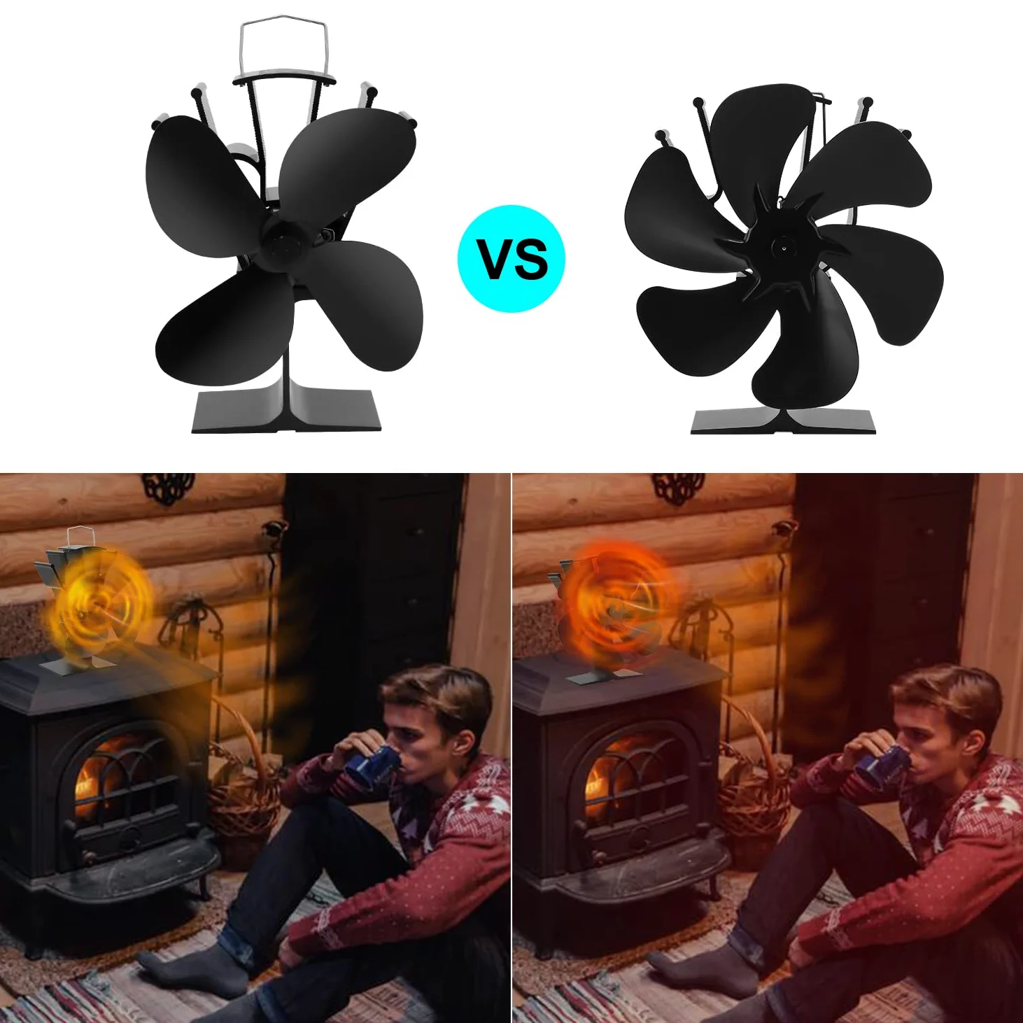 Ventilatore per camino da 6 fogli, senza corrente, funzionamento termico, ecologico, per camino, funzionamento silenzioso, con termometro magnetico
