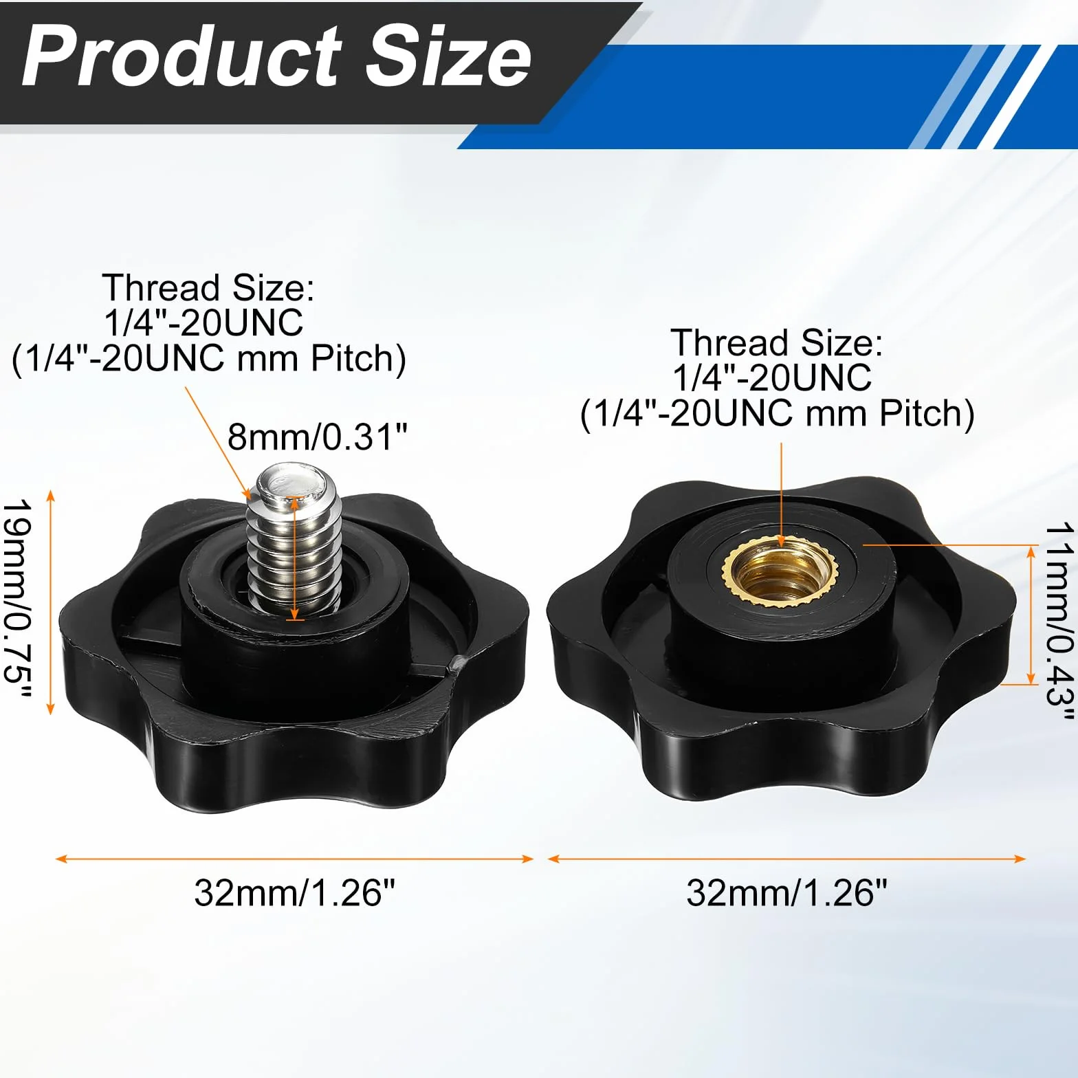 sourcing map Set di 2 pomelli a stella 1/4"-20UNC x 8 mm maschio filettatura femmina 32 mm testa metrica 6 stelle serraggio maniglie vite