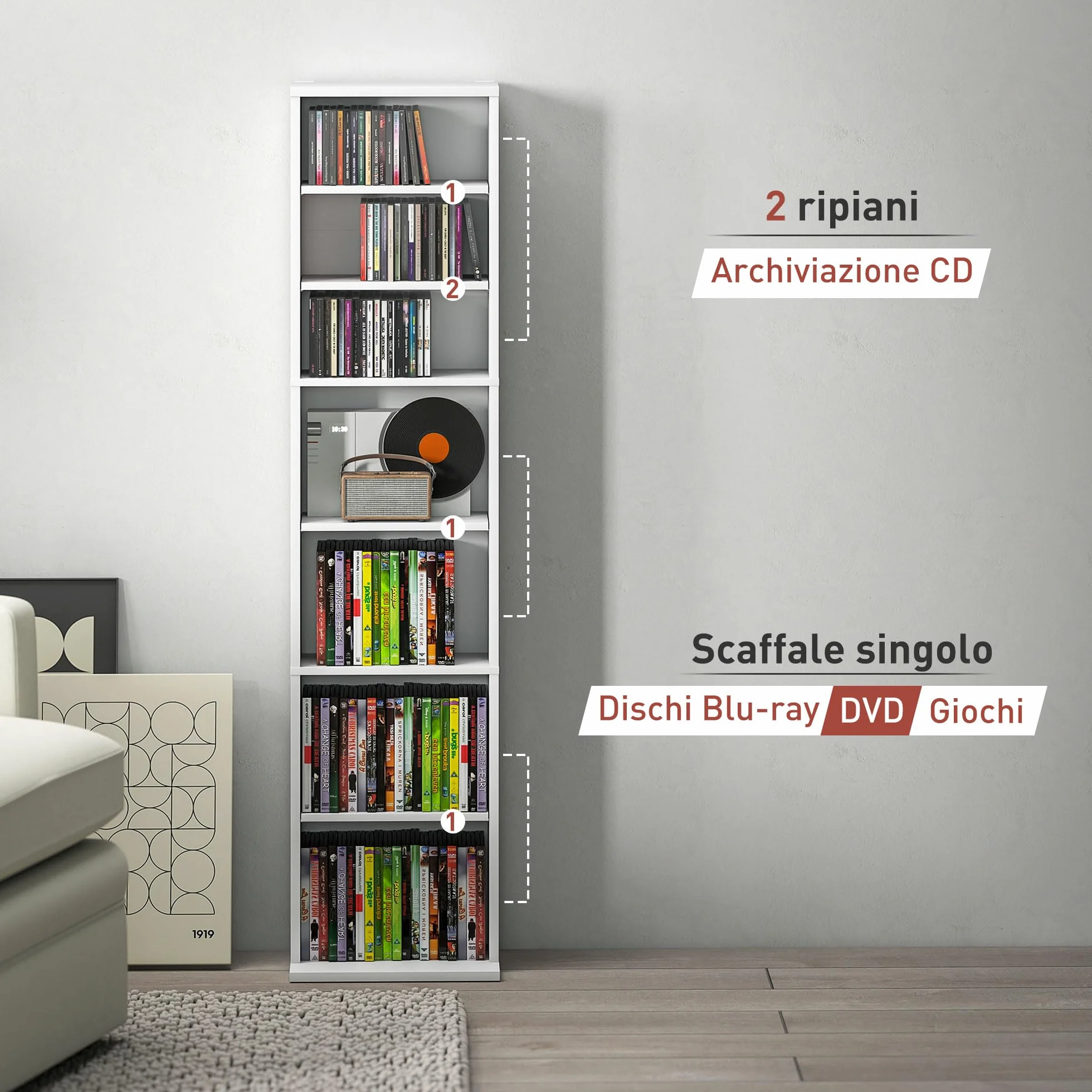 HOMCOM Mobile Porta CD con 6 Ripiani Regolabili, Scaffale Porta 260CD/120DVD Salvaspazio in Legno, Mobile Portacd con 9 Scomparti, per Soggiorno, Camera da Letto, Ufficio, 33x24x140 cm, Bianco