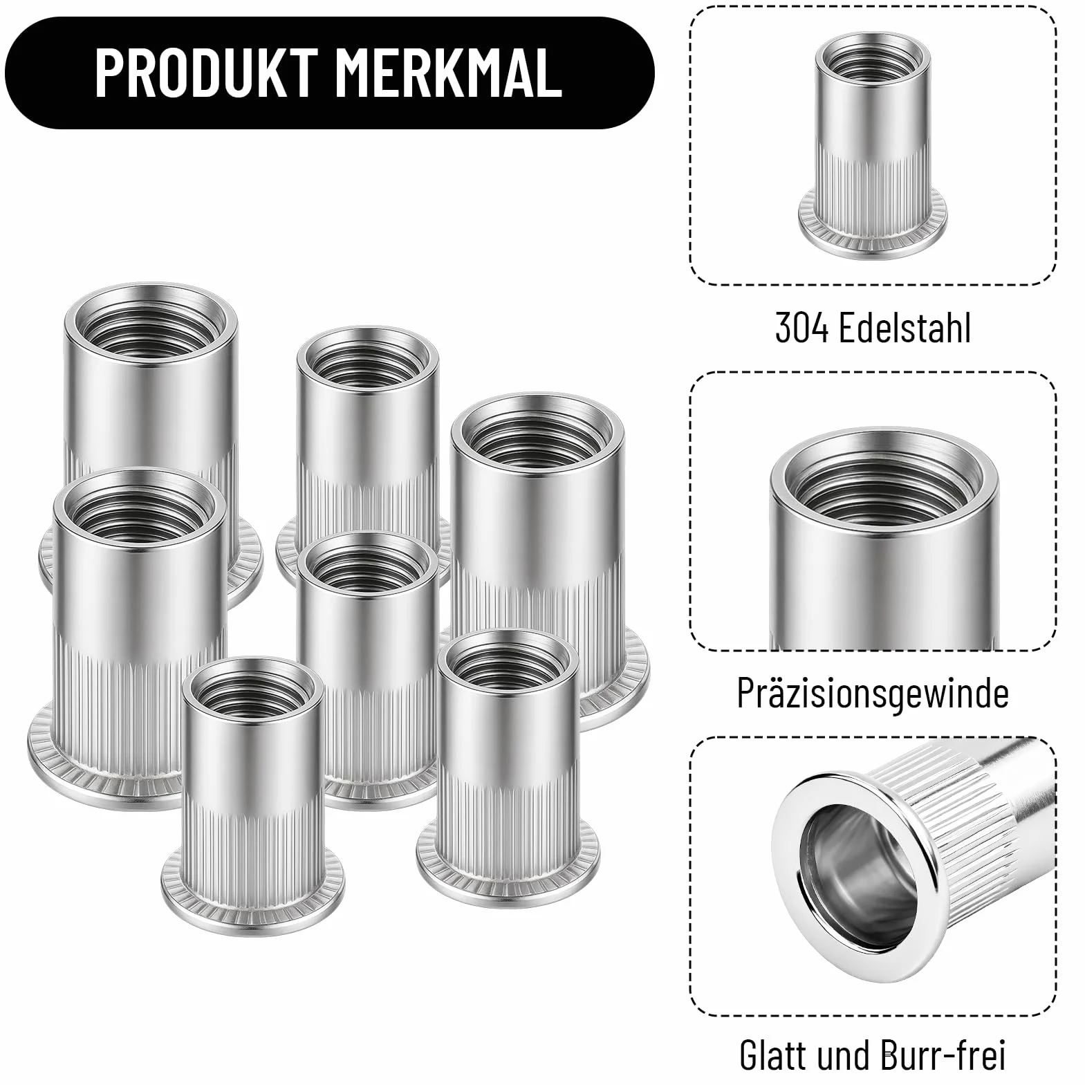 80 Pezzi Dadi Rivetti Filettati in Acciaio Inox M6 M8 Testa Piatta Svasata