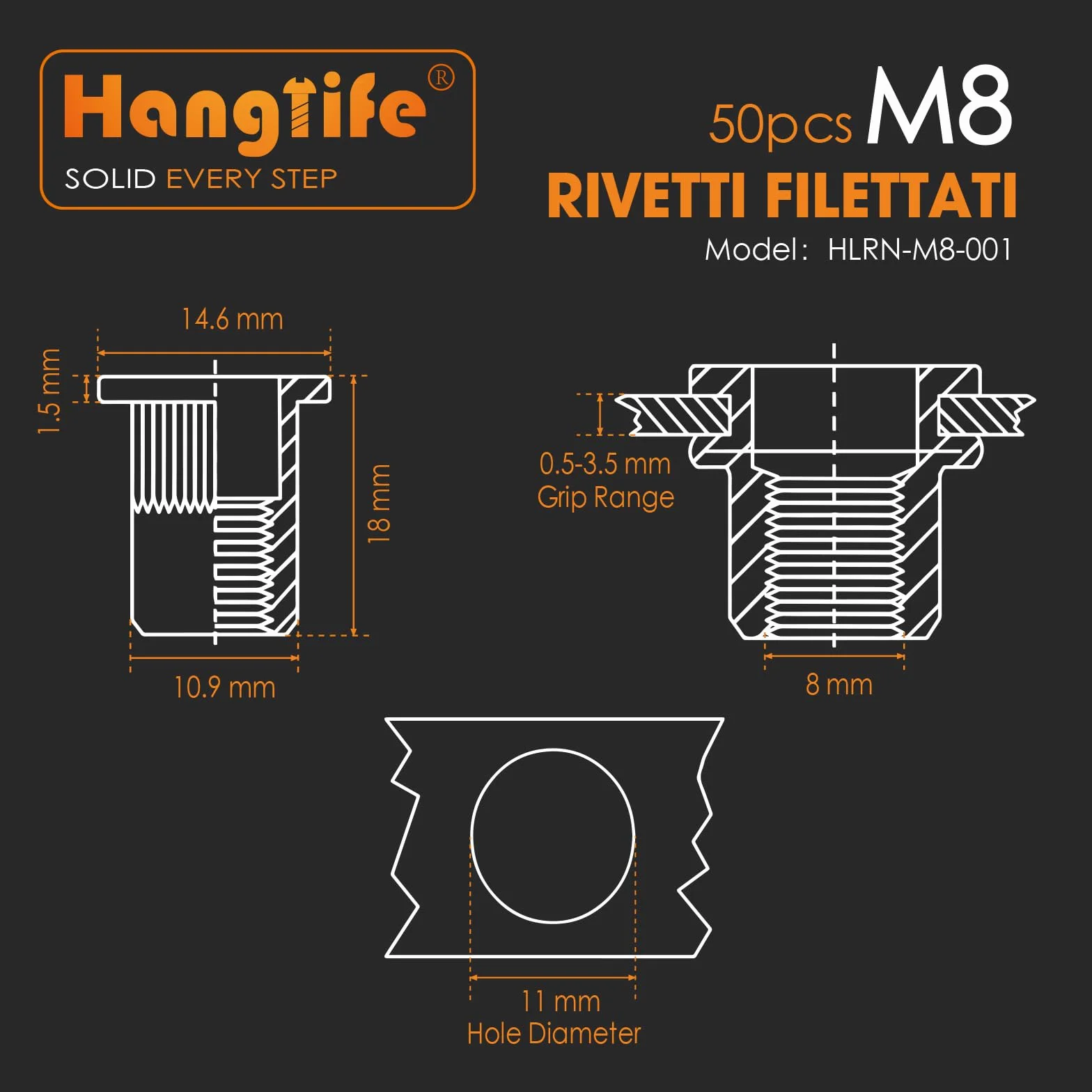 HANGLIFE Rivetti Filettati M8 Inserti Filettati 50 Pezzi Dadi per Rivetti a Testa Piatta Zincati Acciaio al Carbonio Corpo Zigrinato