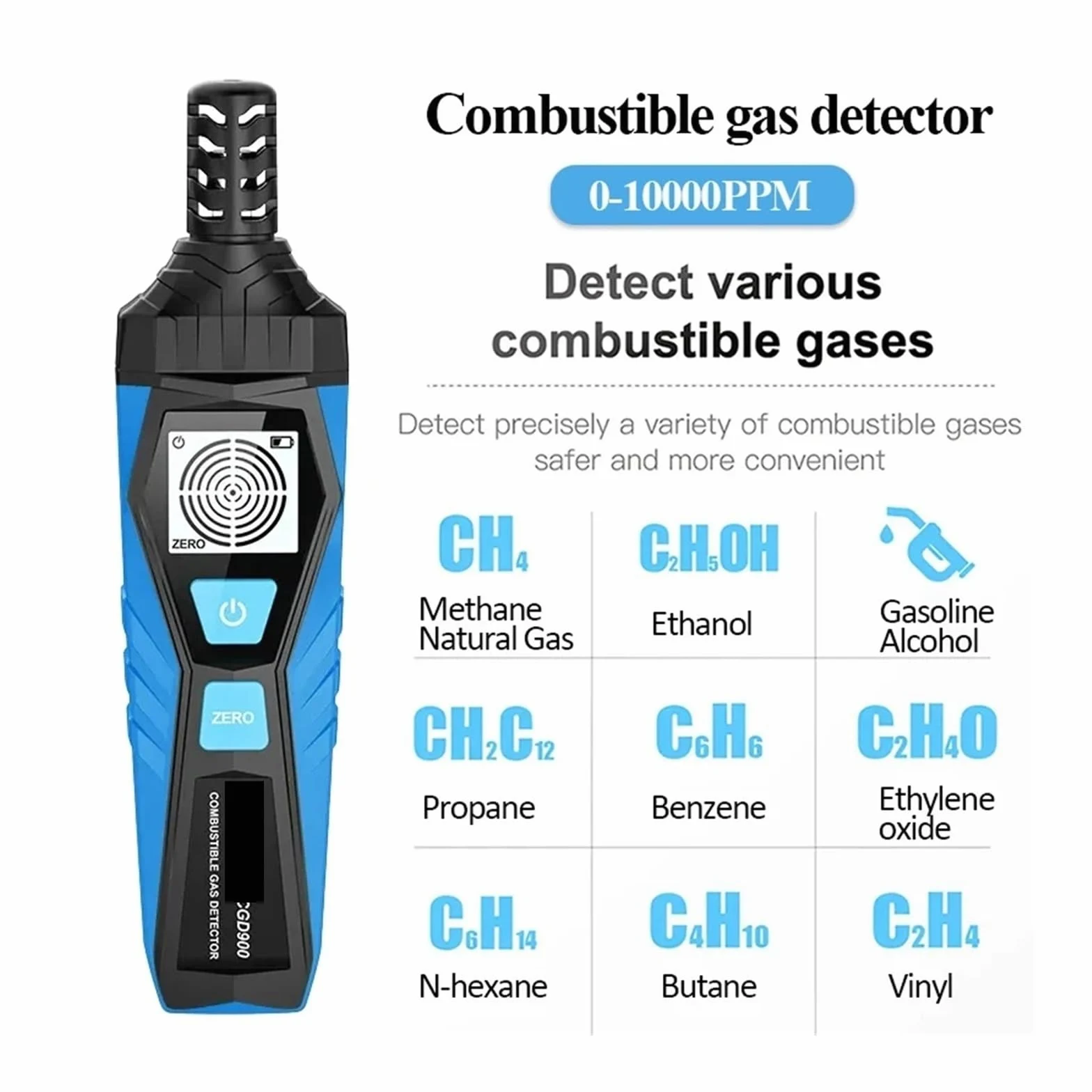 Rilevatore di gas, Rilevatore di perdite gas con LCD CGD900, allarme sonoro e schermo, 0-1000 ppm, rilevatore combustibili, infiammabili, naturali, metano, mini per lavoro e casa