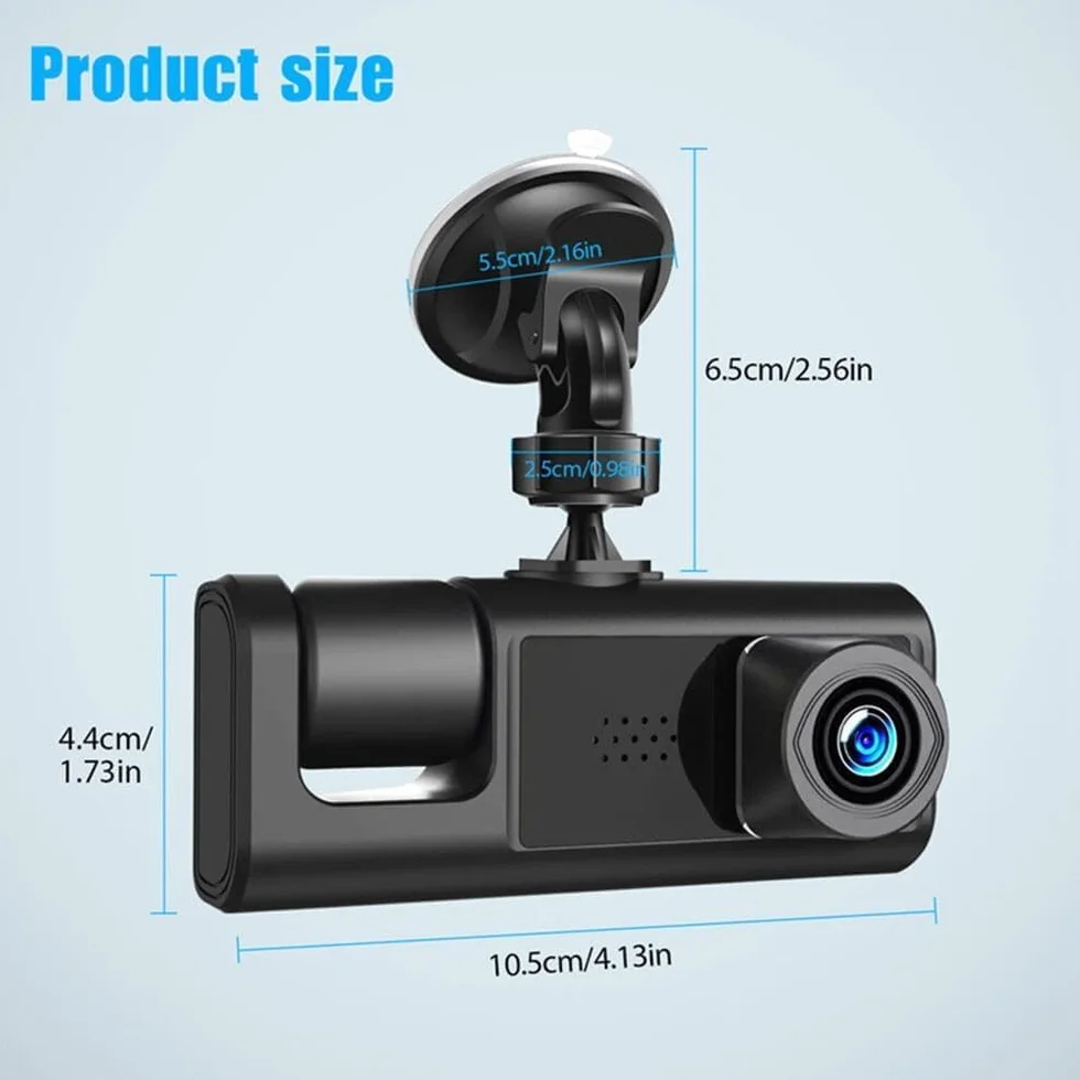 Dash Cam Auto 3 Lenti Full HD 1080P, Tripla Videocamera Frontale + Abitacolo + Posteriore, Visione Notturna, Monitoraggio Parcheggio 24H, Display Integrato, Installazione Facile con Supporto Ventosa