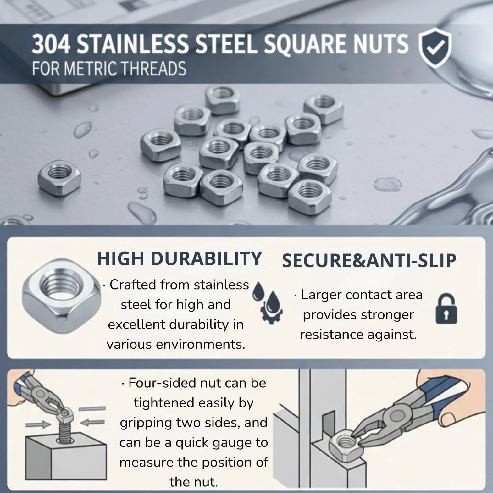 Dado quadrato SS304 M3 DIN557 Metro in acciaio inox, argento