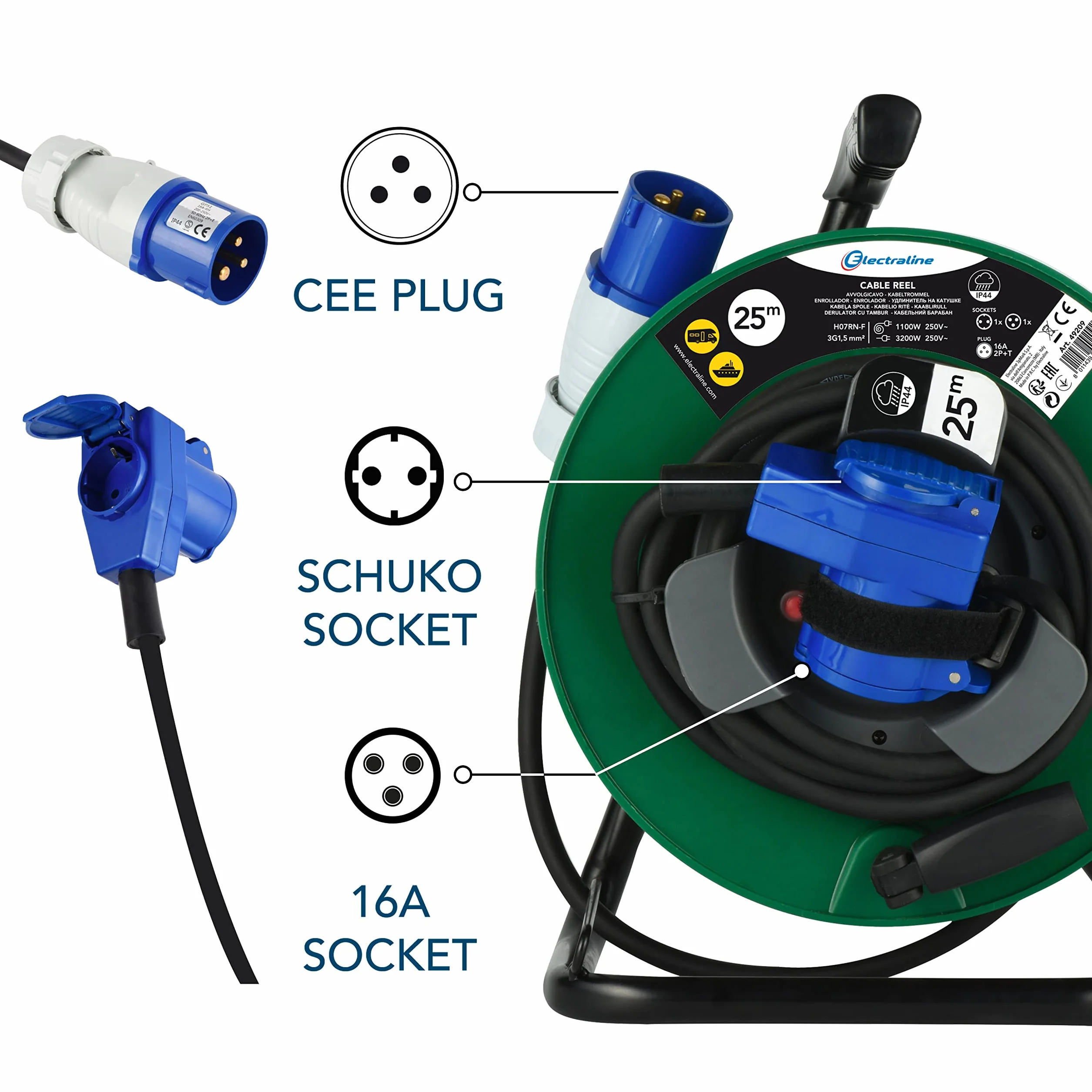 Electraline 49209 prolunga in gomma con avvolgicavo 25 mt per camper, campeggio, caravan, spina CEE 3 poli e 2 prese (industriale+Schuko) - IP44, Verde/Nero