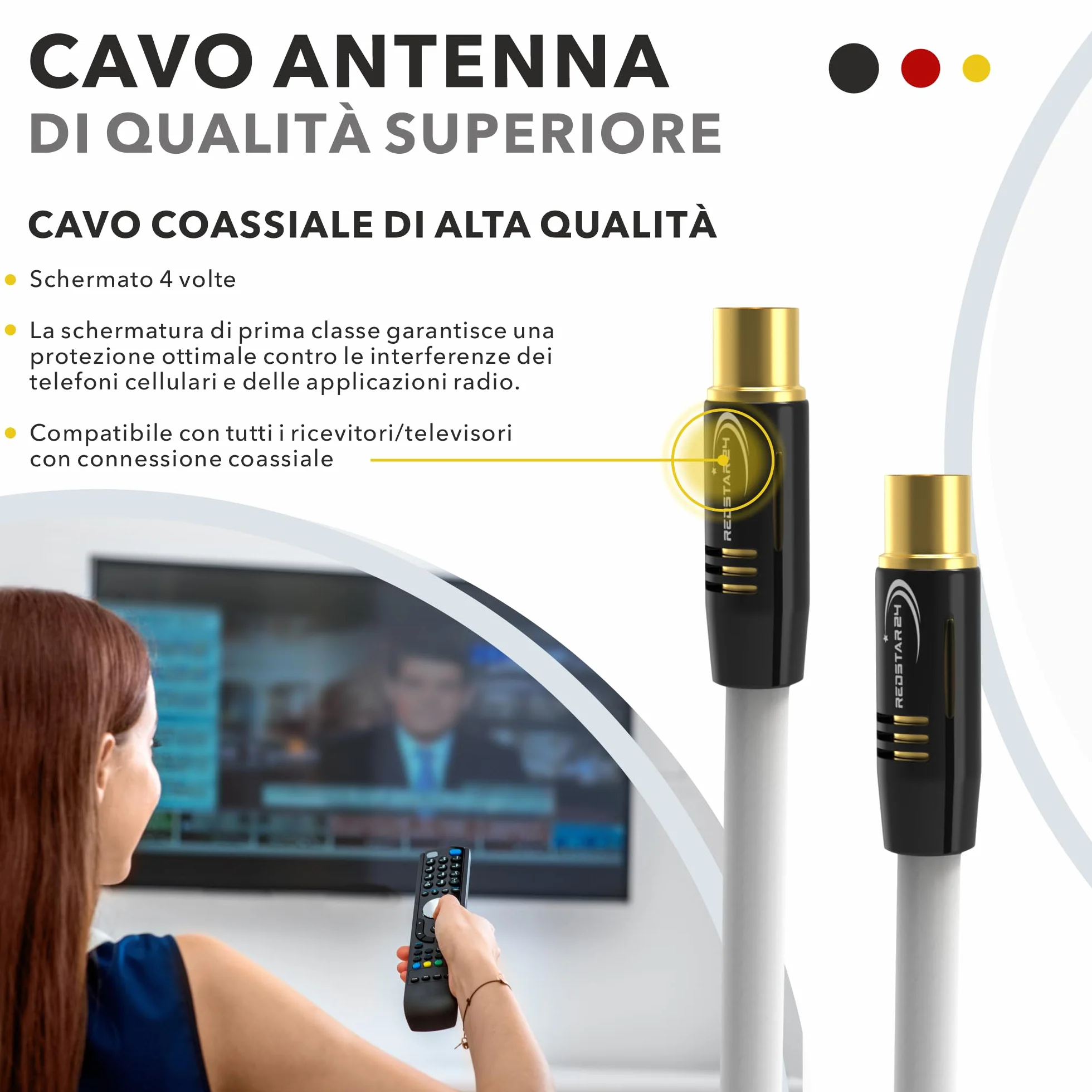 RedStar24 Cavo Antenna 1,5m Bianco - Maschio a Femmina IEC - Coassiale HDTV Premium per TV via Cavo | Compatibile Con TV, Radio, DVB-T/T2, DVB-C, DAB