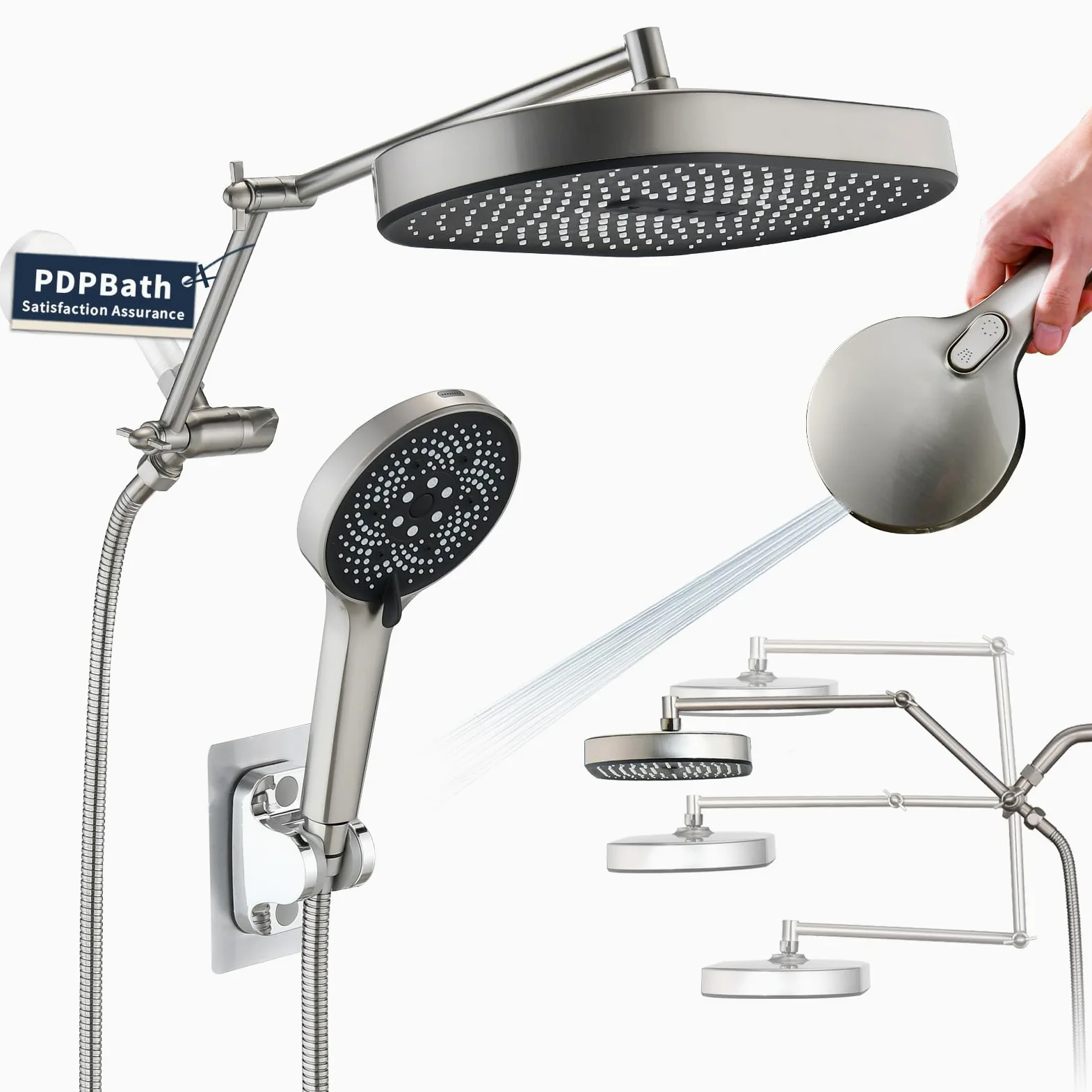 PDPBath Soffione doccia a pioggia da 35,5 cm con 5+1 impostazioni, soffione doccia a pioggia ad alta pressione con braccio di estensione regolabile da 40,6 cm, tubo extra lungo da 200,7 cm, deviatore