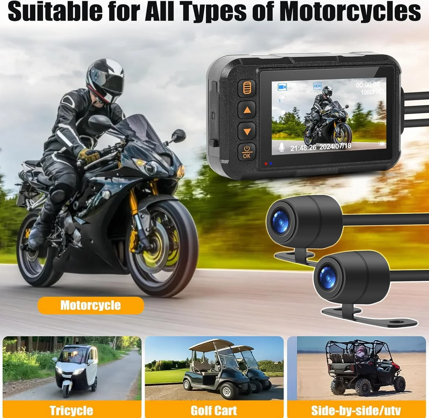 CAMECHO Moto Dash Cam 3 Pollici Schermo con 64GB TF Scheda, IP67 Impermeabile Doppia Telecamere Grandangolare 120 Gradi 90 Gradi Fotocamera per Moto con HDR, G-Sensor, Registrazione in Loop
