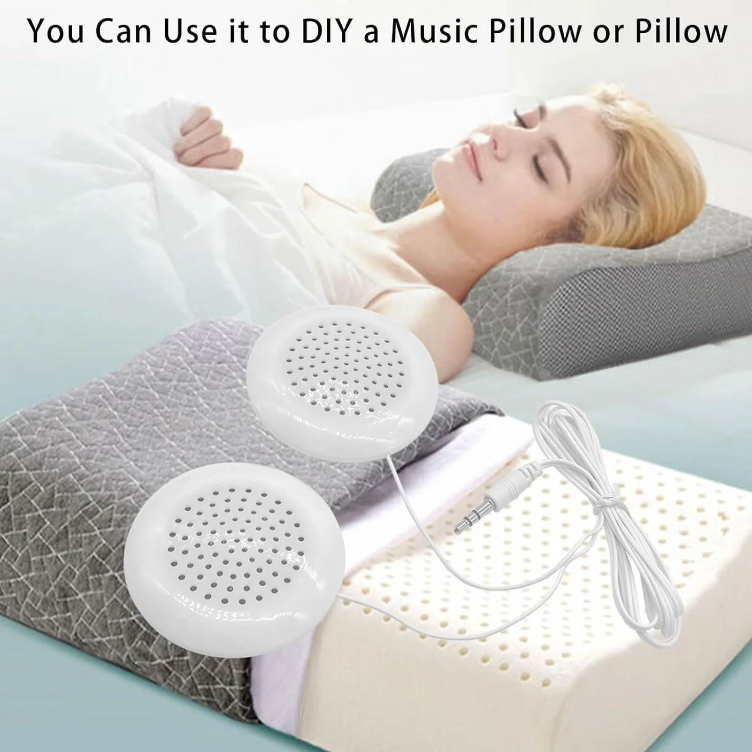 Flylin Altoparlante per Cuscino, Doppio Mini Altoparlante Stereo Migliorato, Bianco Rotondo, Cavo 3.5mm, Compatibile con Telefono, MP3 e CD, per Dormire e Rilassarsi