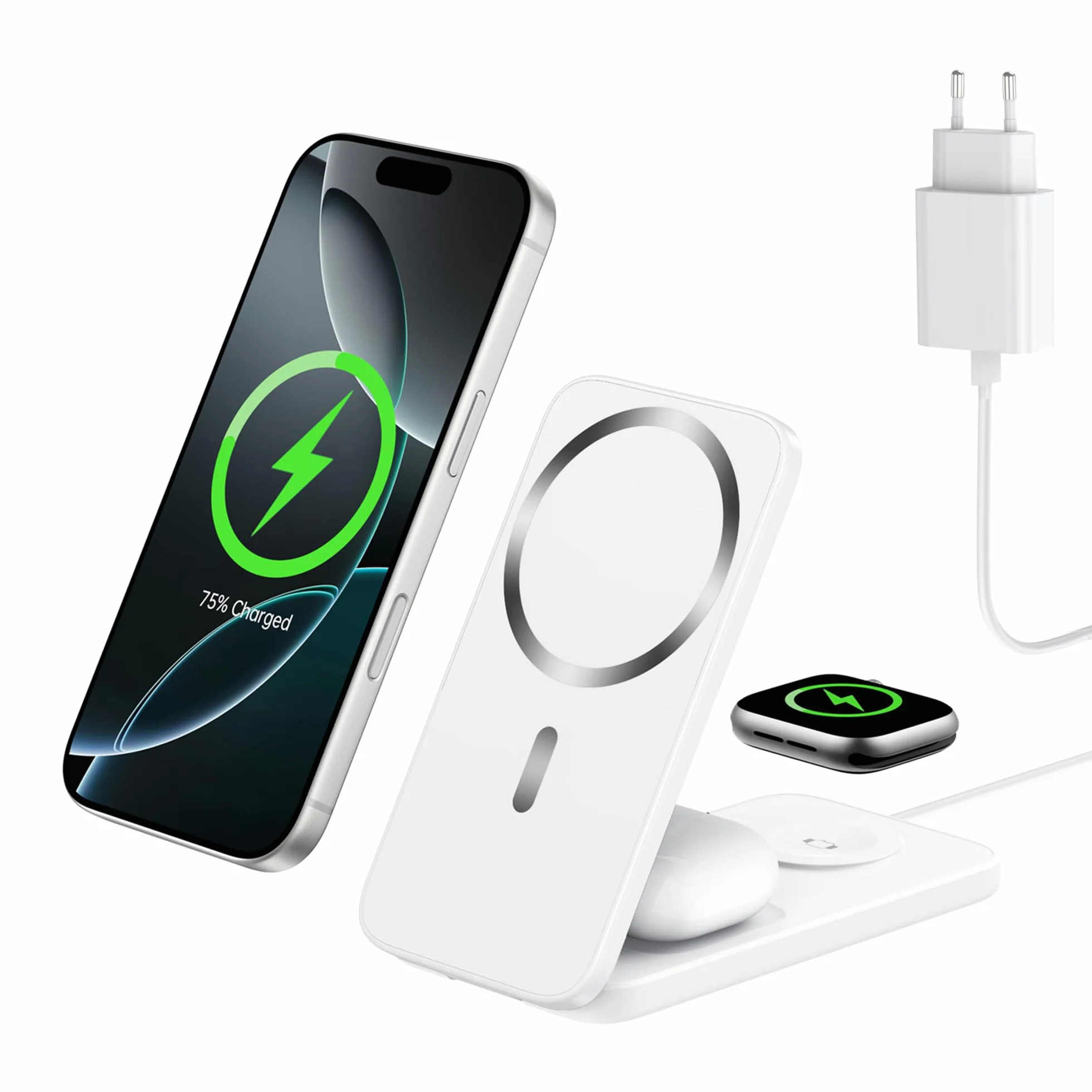 Caricatore Wireless 3 in 1 Compatibile MagSafe, Stazione di Ricarica Magnetica Pieghevole 15W per iPhone 12-17, Apple Watch e AirPods Dock di Ricarica Wireless per Scrivania Comodino e Viaggio