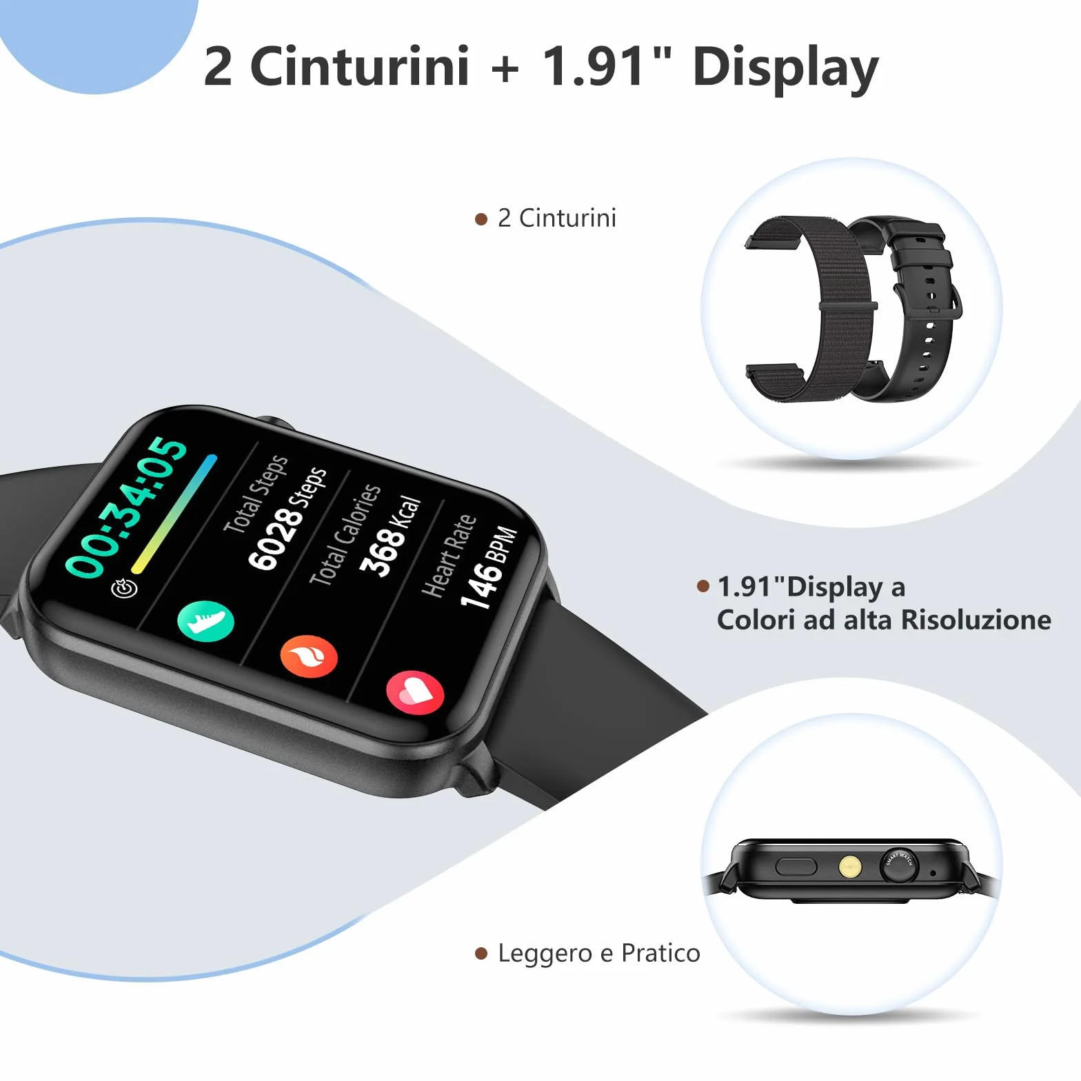 Smartwatch Uomo Donna, Orologio Smartwatch con Effettua/Risposta Chiamate, LED Torcia, Orologio Intelligente con DIY Quadranti, Contapassi, Sonno, Smart Watch per Android iOS(2 Cinturini)