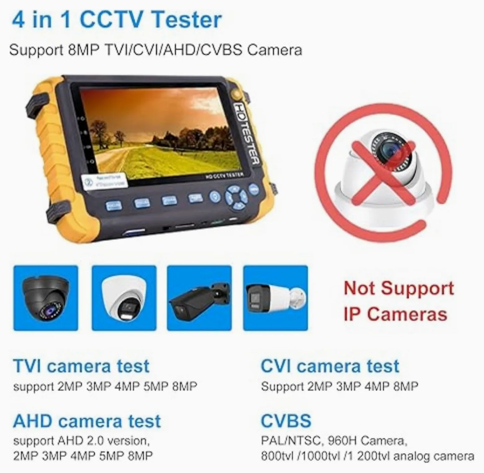 Tester for Monitor CCTV IV8W 8MP AHD/CVI/TVI CVBS Tester for telecamere CCTV Tester AHD con Ingresso VGA Tester Video | IV5 with battery